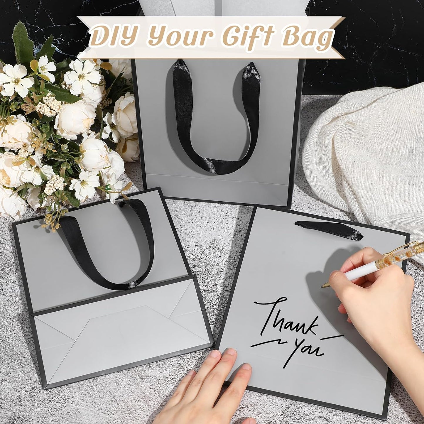 Yeaqee 24 Pack Metallic Paper Gift Bags with Handle and Tissue 9x7x3.1 Gold Foil Welcome Favor Bags Return Gifts for Wedding Fall 5 Senses Christmas Bridesmaid Birthday(Gray, Black)