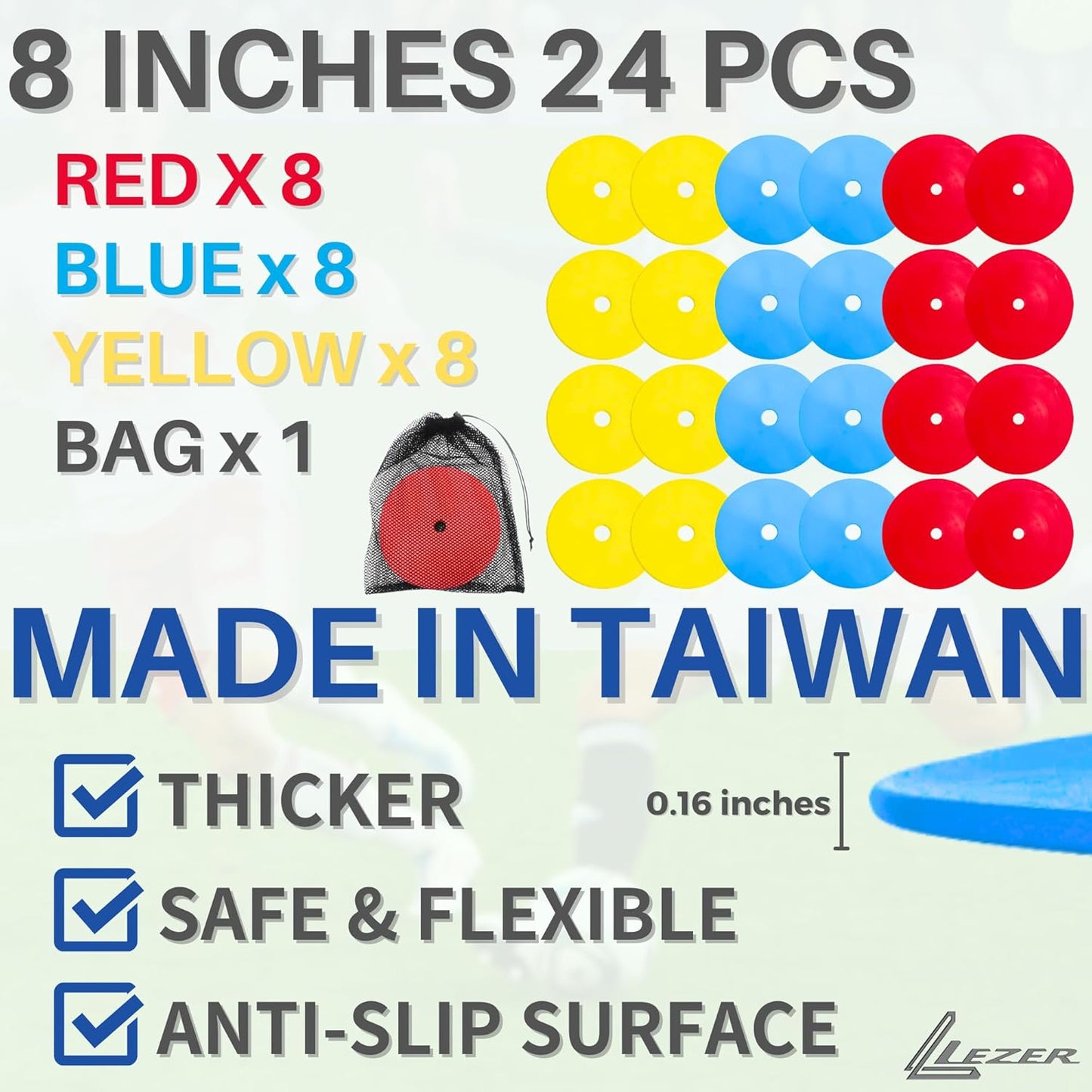 LEZER 6 Inch 8 Inch Flat Cones, Spot Markers, Soccer Cones, Field Court Markers, Sit Spots, Flat Discs, Soccer Training Equipment, Agility Practice, Football, Made in Taiwan