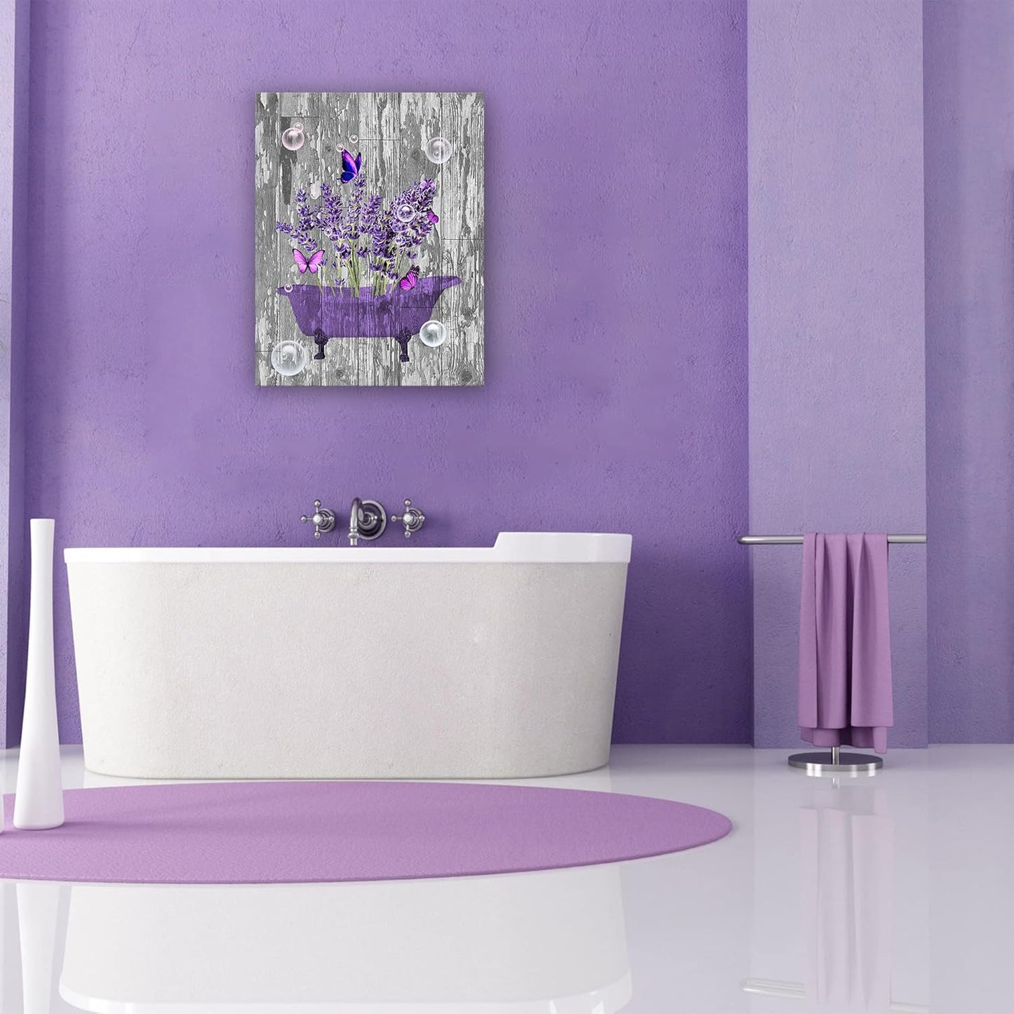 Lavender Bathroom Decor Wall Art Purple Farmhouse Bathroom Pictures for Wall Rustic Butterfly Bathtub Artwork Vintage Country Bathroom Grey White Painting Framed Bath Laundry Decorations 16"x24"