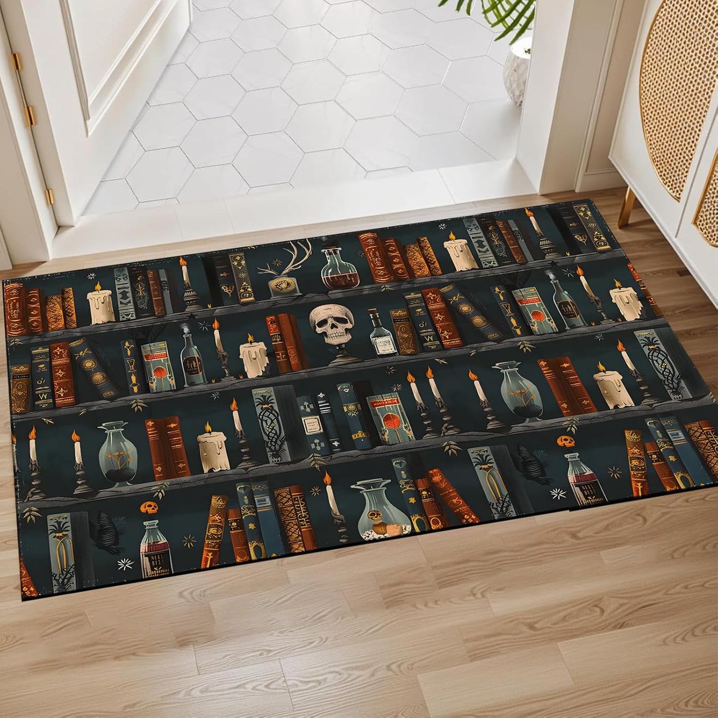 Gothic Book Indoor Door Mat,Vintage Books and Skull Floor Doormat,17x29.5in,Non Woven Non Slip Rubber Backing Goth Rug for Porch Insider,Bedroom,Halloween Party,Doormats Gifts,Rv Camper Decor