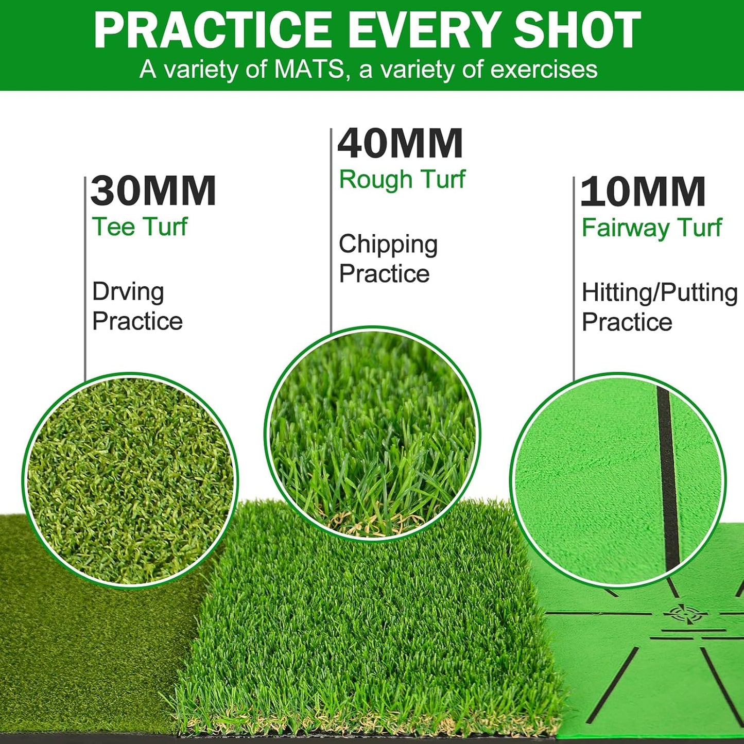 MONOJOY Golf Hitting Mats with Golf Tees Practice Indoor 3 Pcs Replaceable Outdoor Golf Putting Chipping 16"x12" Artificial Dual Turf Training Mats Velvet Practice with No-Slip Heavy Duty Rubber Base