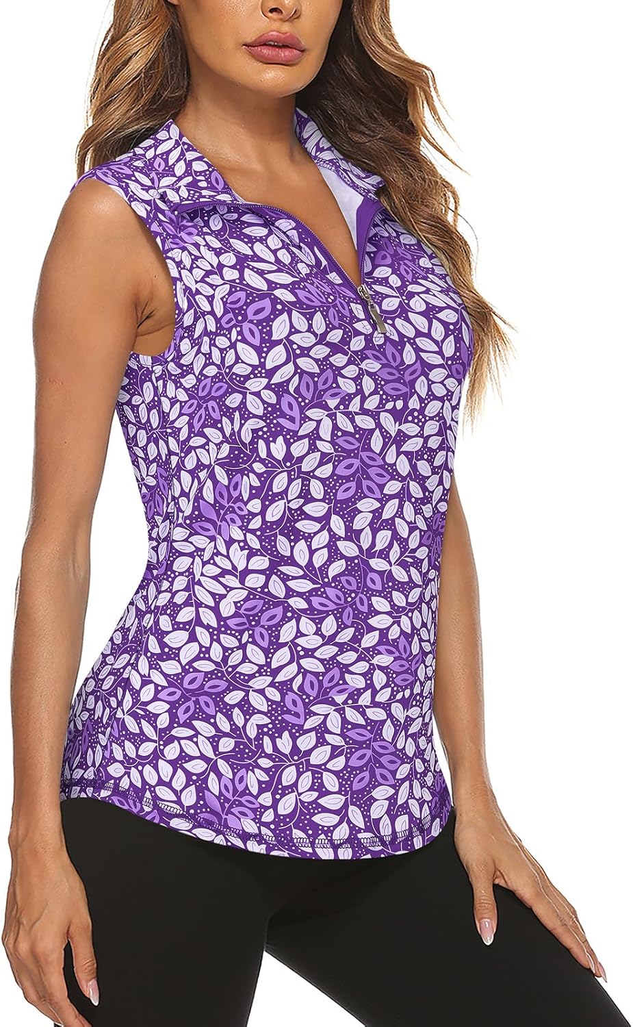 Koscacy Women's Sleeveless Golf Tennis Polo Shirts Zip Up Dry Fit Workout Tank Tops Athletic Shirt