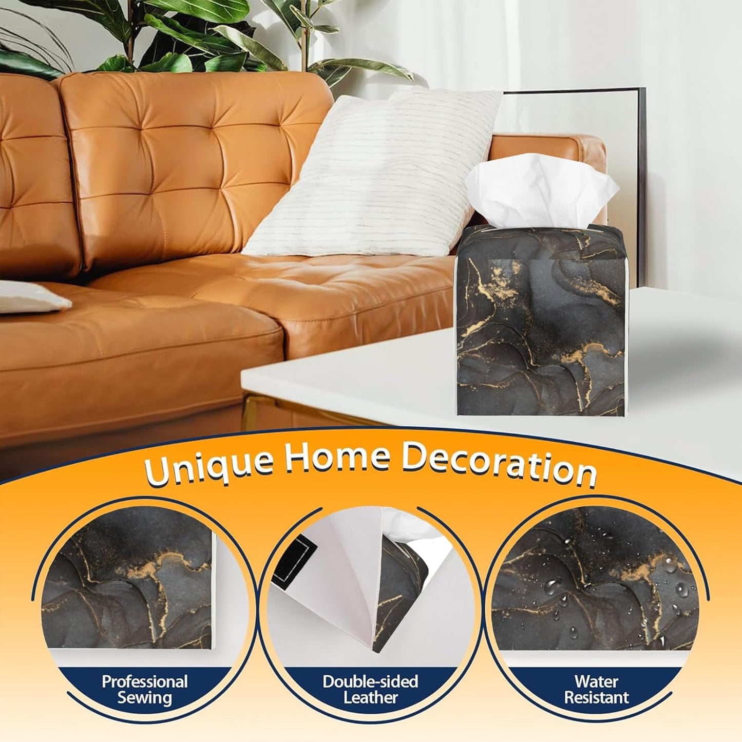 Tissue Box Cover Square,Black Gloden Fluid Marble Tissue Box Holder Waterproof Leather Facial Paper Case Modern Home Decoration for Bedroom Dresser Night Stand Office Desk