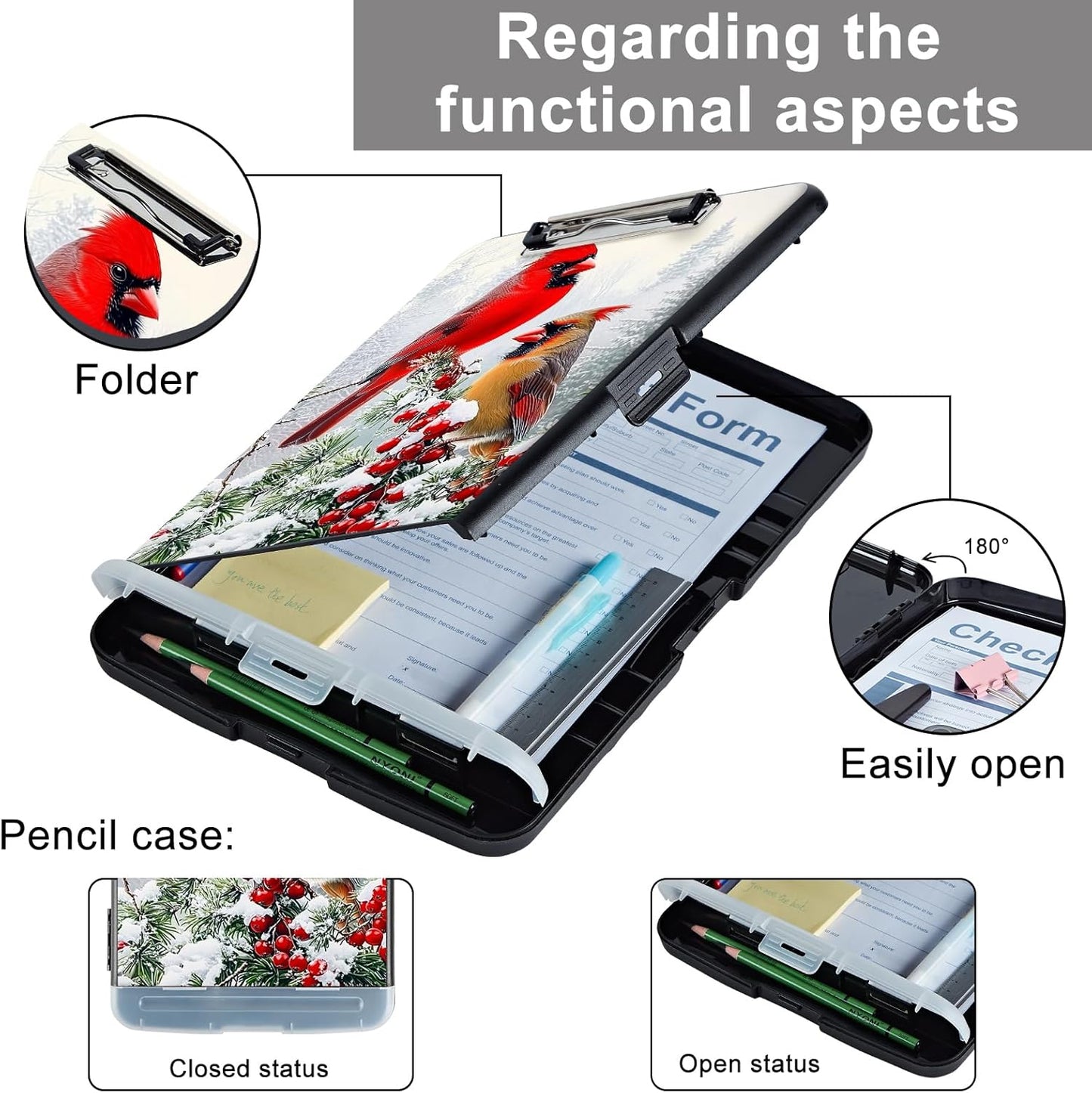 Clipboard with Storage - Large Capacity,Nursing Clipboard with Pen Holder,Heavy Duty,Plastic Side-Opening Folder for Teacher,Nurse - Red Cardinal Birds