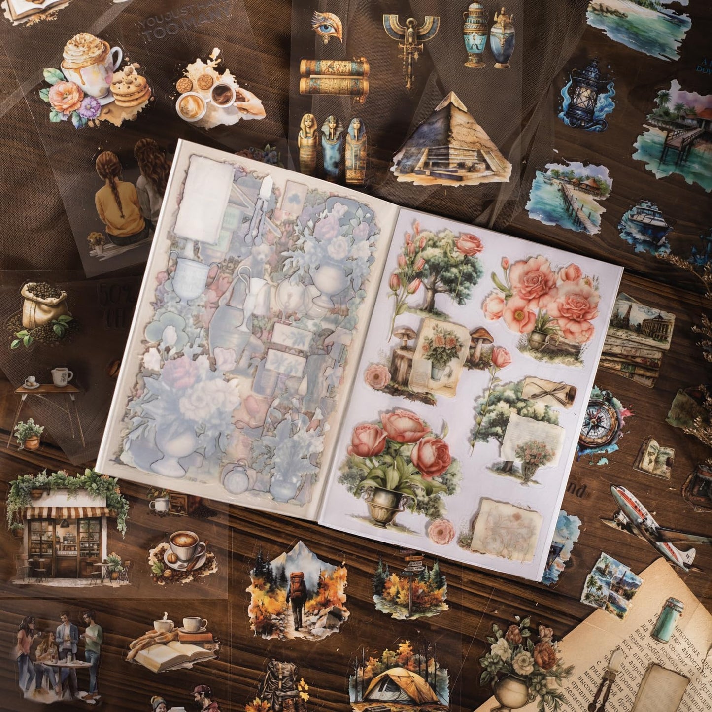 Retro Memory PET Sticker Book Set, 40 Pcs Pre-Cut Vintage Ephemera Stickers for Scrapbooking, Journaling, DIY Crafts, and Art Supplies