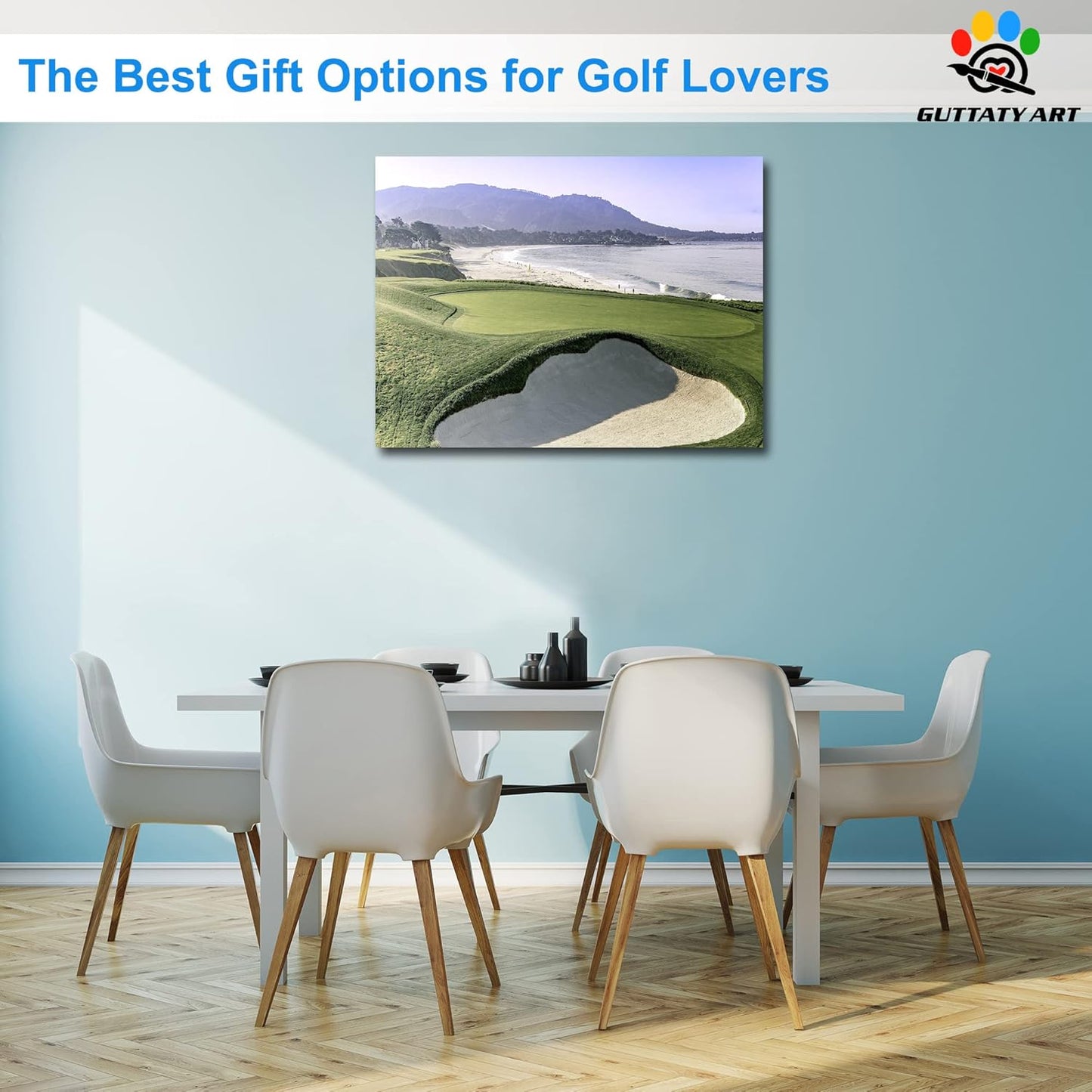 Beach Golf Wall Art, Pebble Beach Golf Links Spiritual Picture for Living Room Wall Decor, Outdoor Sports Golf Painting Prints Bedroom Kitchen Decor, Framed Artwork for Office Home 18x24 Inches