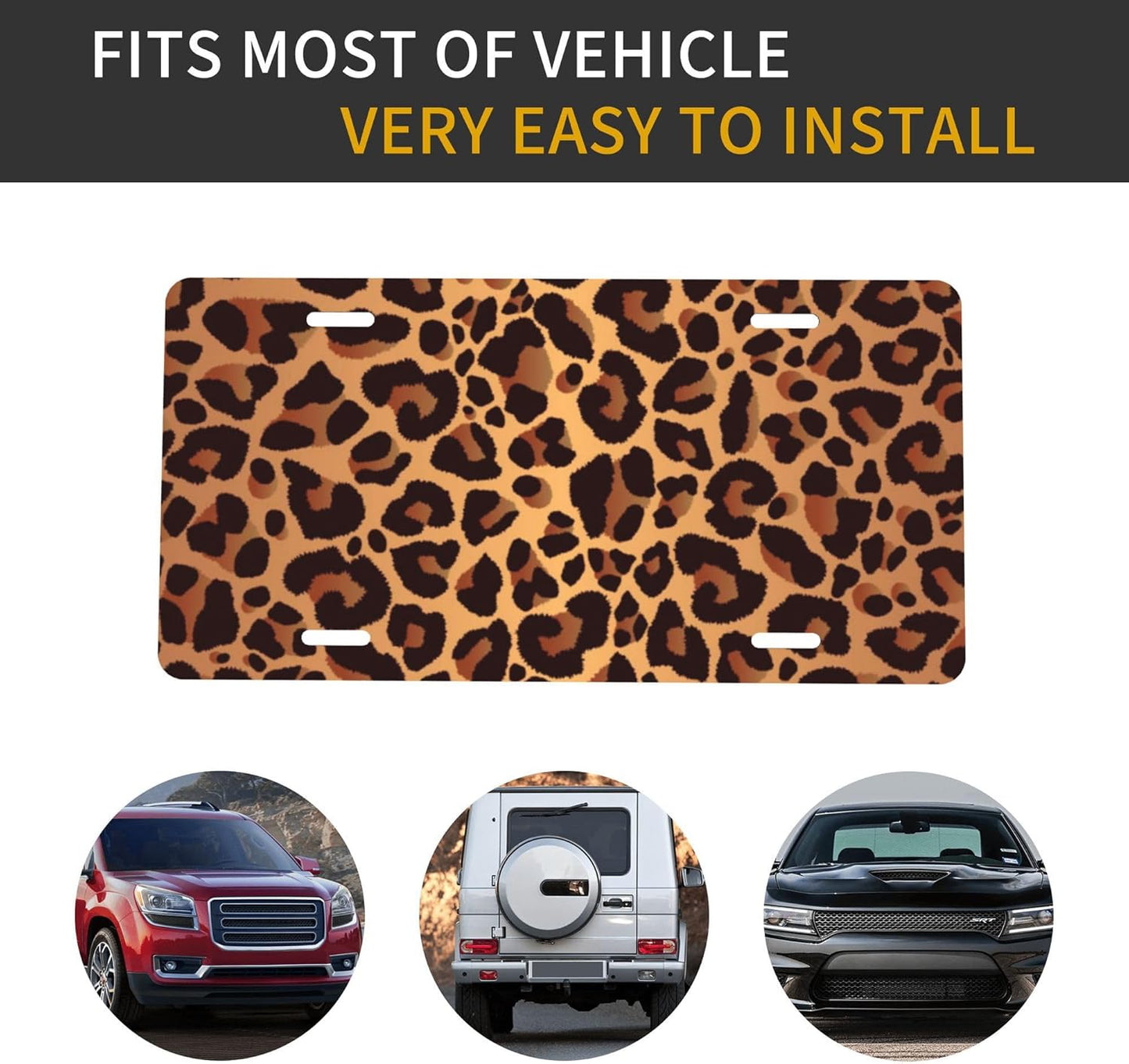 Leopard Print Animal Cheetah Front License Plate for Car Designs Stainless License Plate Cover Holder for Men Women Metal Aluminum Decorative Accessory Vanity Tag Standard 6 X 12 Inch (4 Holes)