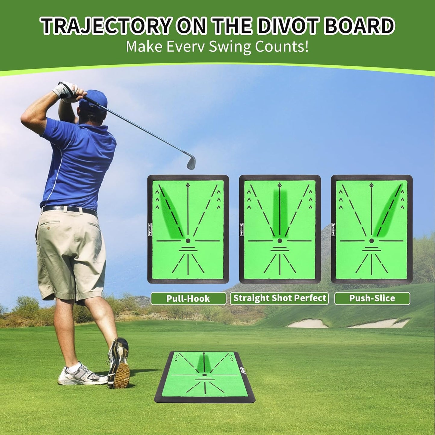 Golf Hitting Mat – Golf Pratice Mat with Longer Swing Path Trajectory, 3-in-1 Includes Fairway, Rough & Putting Pad Training Mats on No-Slip Rubber Base, Golf Hitting Mats, Simulator Must Haves