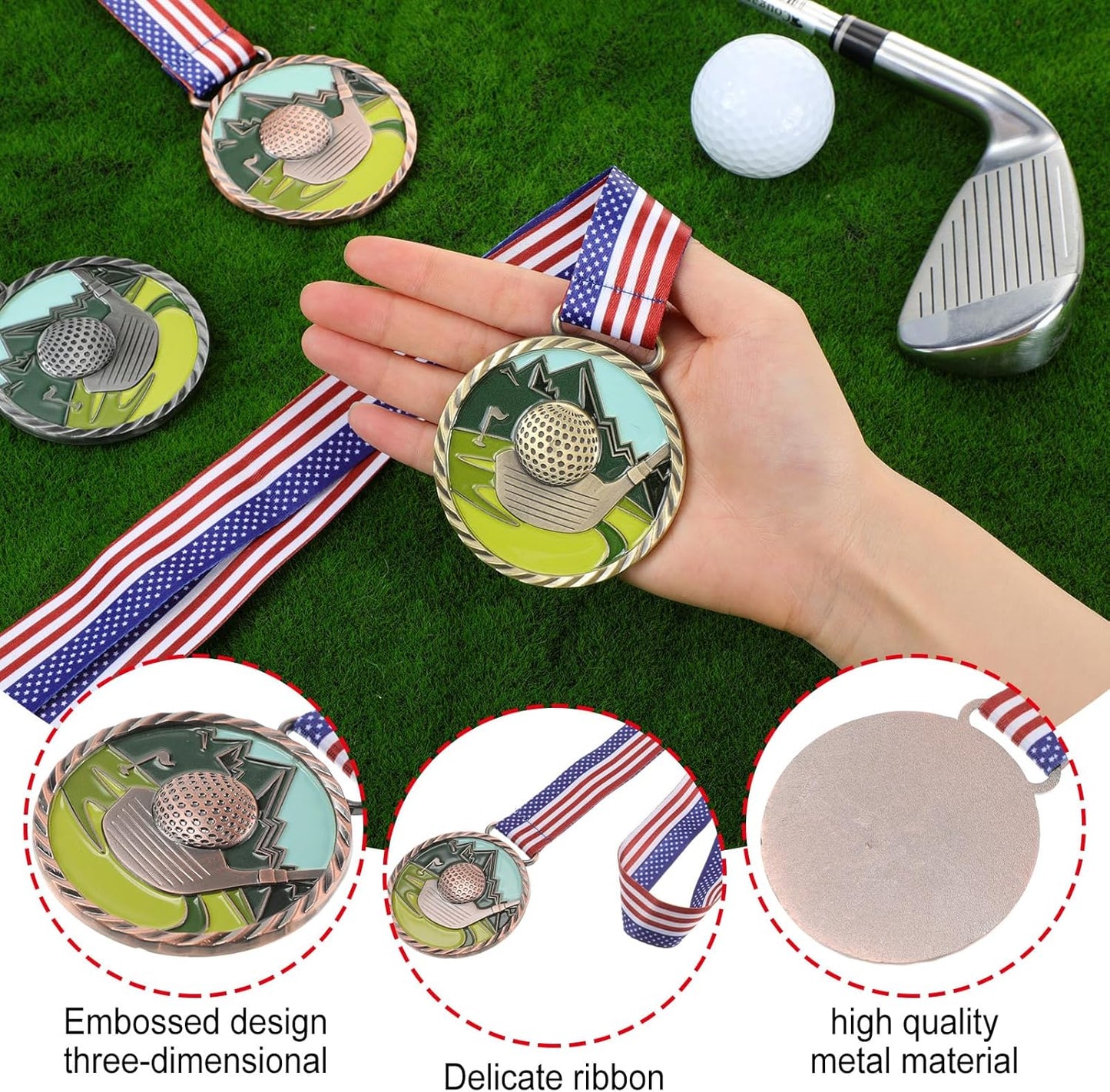 6 Pcs Golf Color Medal Gold Silver Bronze Golf Ball Award Medals with Neck Ribbon for Kids Adults Sports Tournament