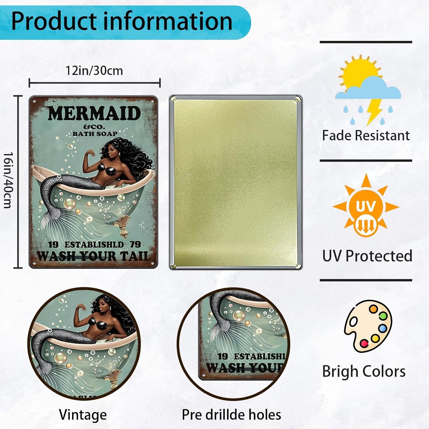 Funny Mermaid Company Bath Soap Metal Signs Wash Your Tail Sign Vintage Tin Sign Wall Decor Retro Tin Signs for Room Living Room Bathroom Toilet Hotel 12x16 Inch