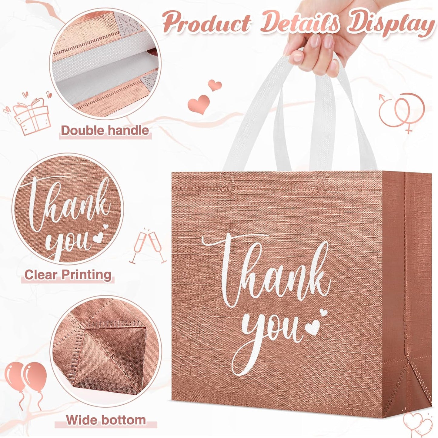 Sweetude 30 Pcs Thank You Gift Bags with Handles Bulk Reusable Goodie Bag Non Woven Foldable Handbag for Graduation Wedding Bridesmaid Gifts(11 x 12 x 5 Inch,Rose Gold)