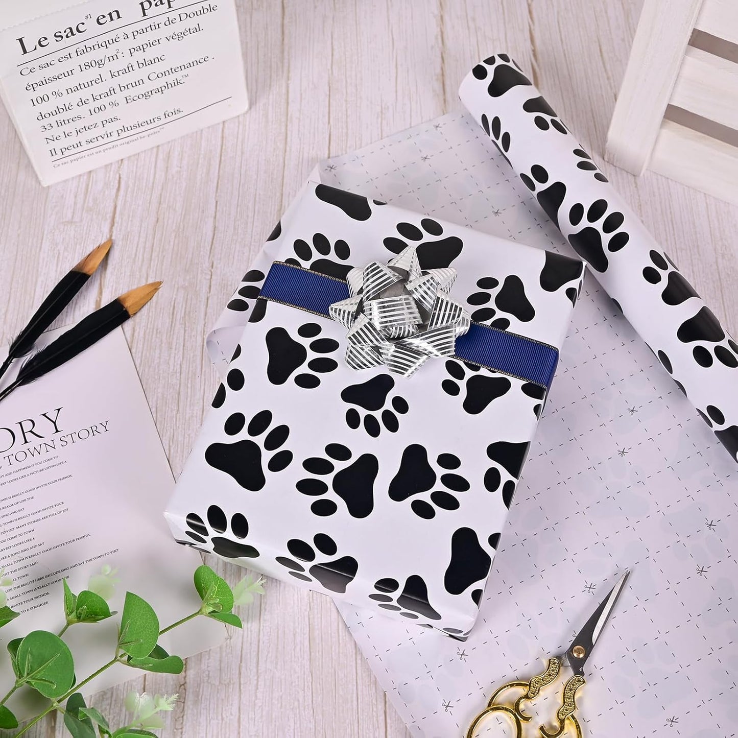 Vnaeem Paw Wrapping Paper Roll - Mini Roll - 17 Inch X 33 Feet - Dog Cat Wrapping Paper for Birthday, Baby Shower,Christmas, Holiday, New Year, Party, Celebration