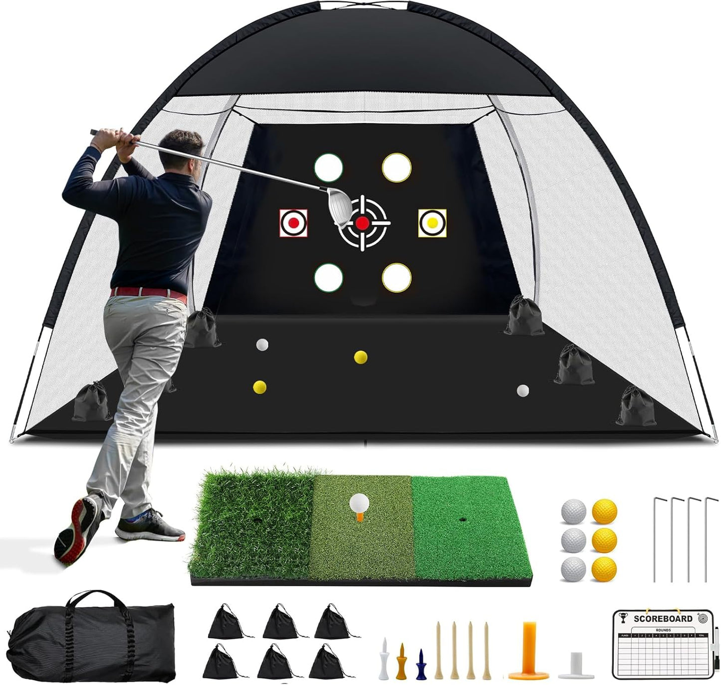 Golf Net, 10x7 Ft Practice Hitting Golf Net with Tri-Turf Mat, Ball, Tee, and Carring Bag, All-in-One Multi-Target Training Aid for Outdoor/Indoor Chipping & Driving, Ideal Gift for Men/Enthusiasts