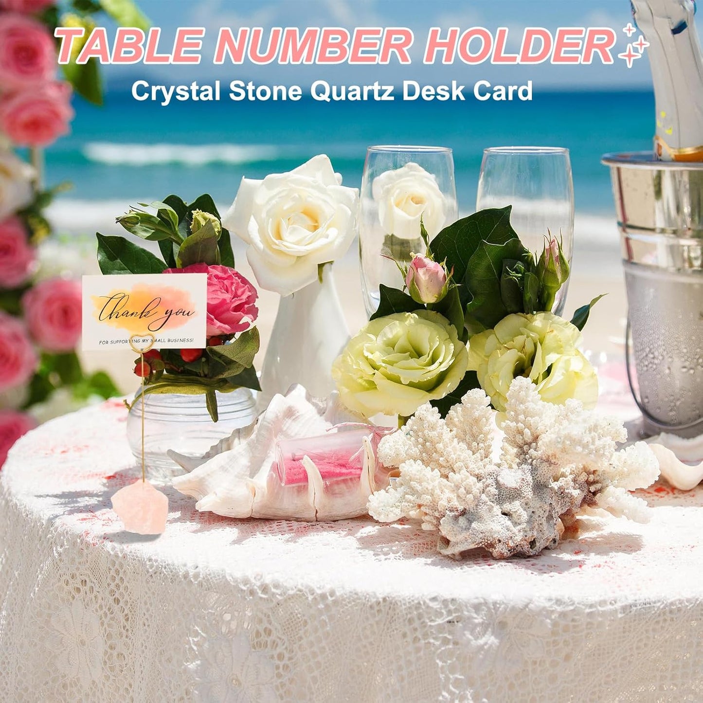 PATIKIL Table Number Holder, 1Pcs Photo Clip Holders Crystal Stone Quartz Desk Card Holder Raw Flower Shape Iron Memo Note Photo Stand for Wedding Party Home Office Decor, Pink