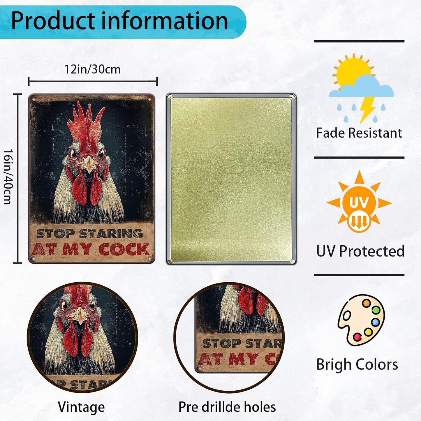 Vintage Farm Sign Chicken Stop Staring At My Cock Farmhouse Metal Tin Sign 12x16 Inch Home Wall Decor