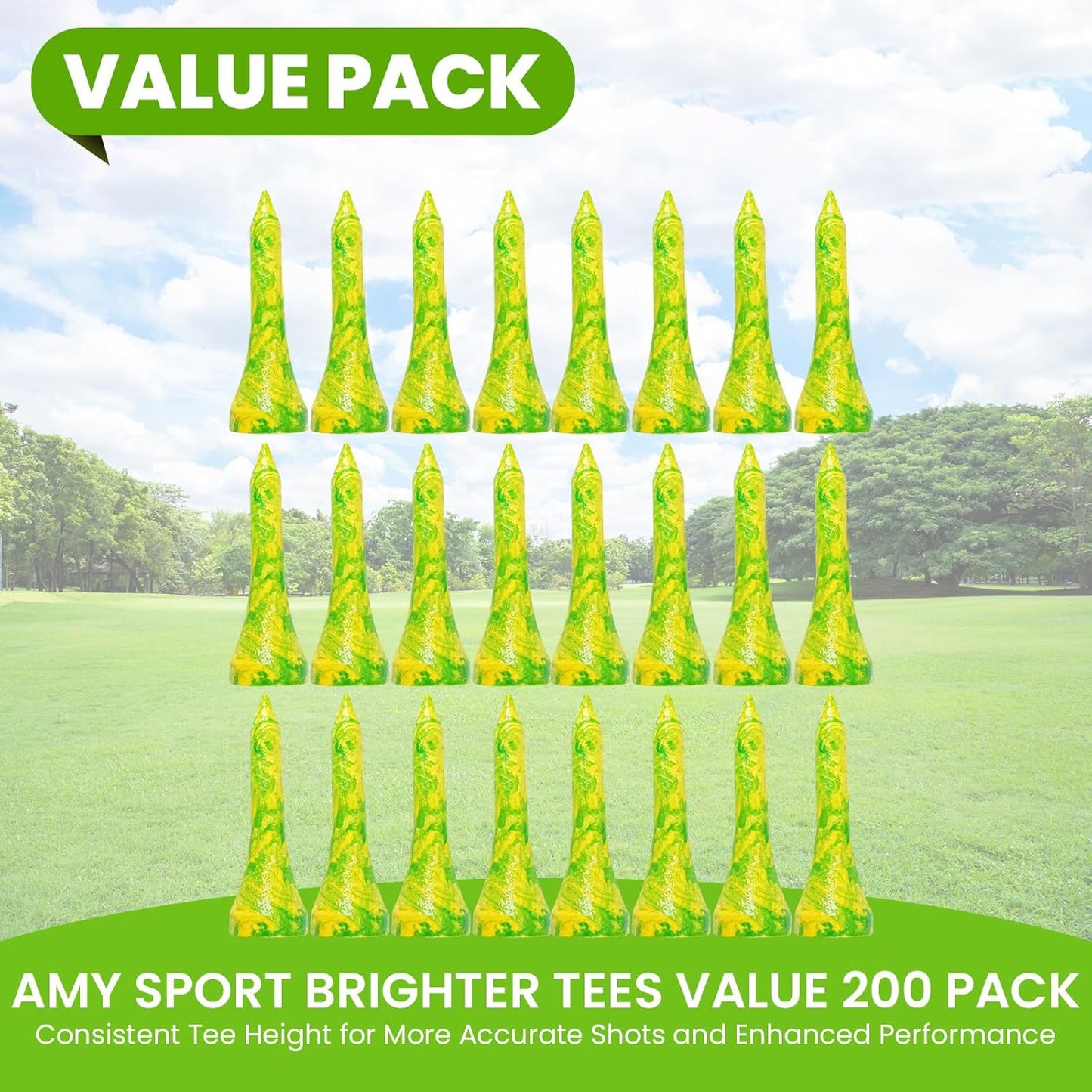 Amy Sport Golf Tees Styllish Bamboo Wooden Coloured Painted Bulk 200 Pack 1 1/2 3 1/4 2 3/4 Inch Tee, Enhanced Visibility Color Purple Pink Green Blue, Practice for Men Women