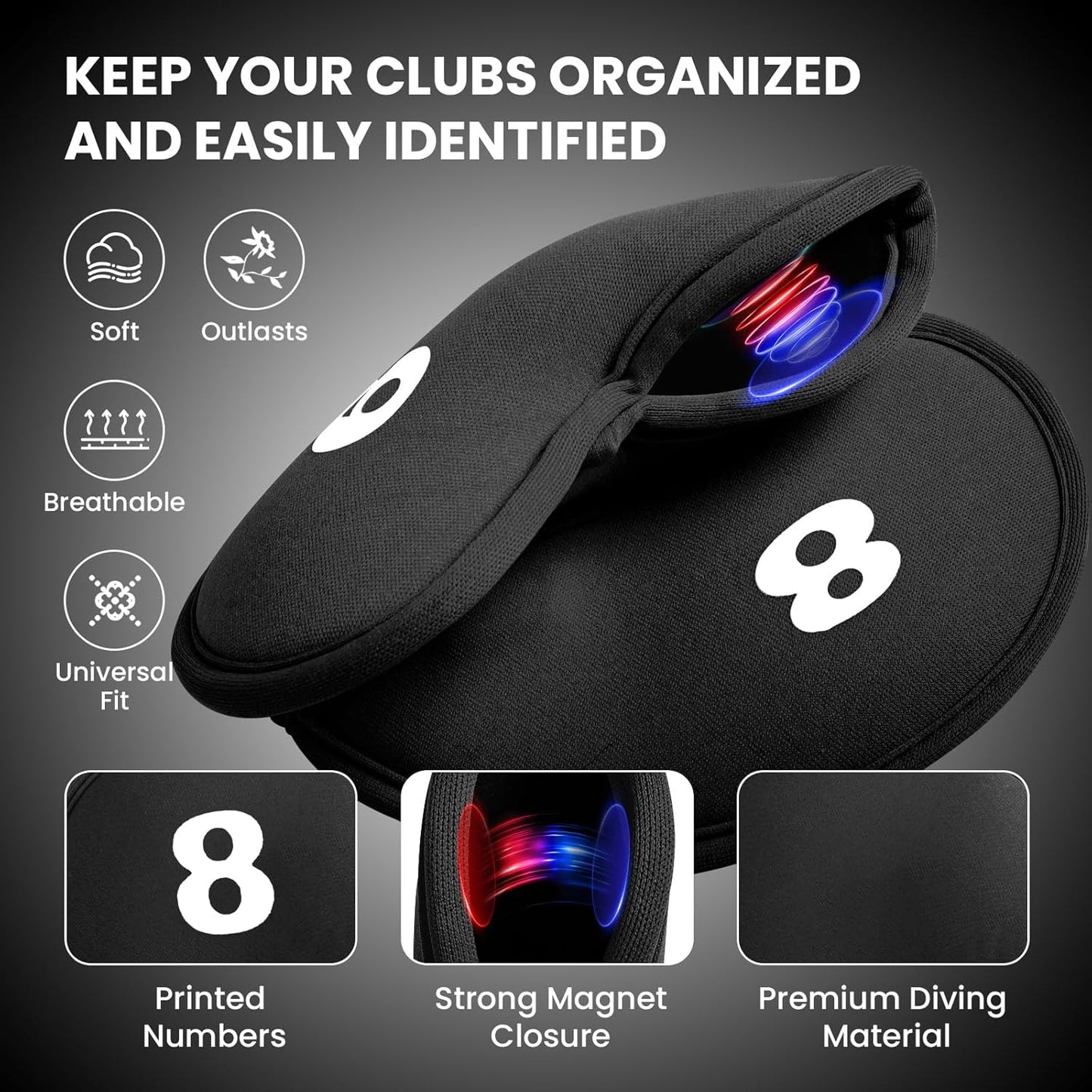 Golf Iron Head Covers Magnetic Soft Protection Printed Numbers Value Set, Durable Neoprene Headcover for Irons, Lightweight in Blue Black Pink for Men Women