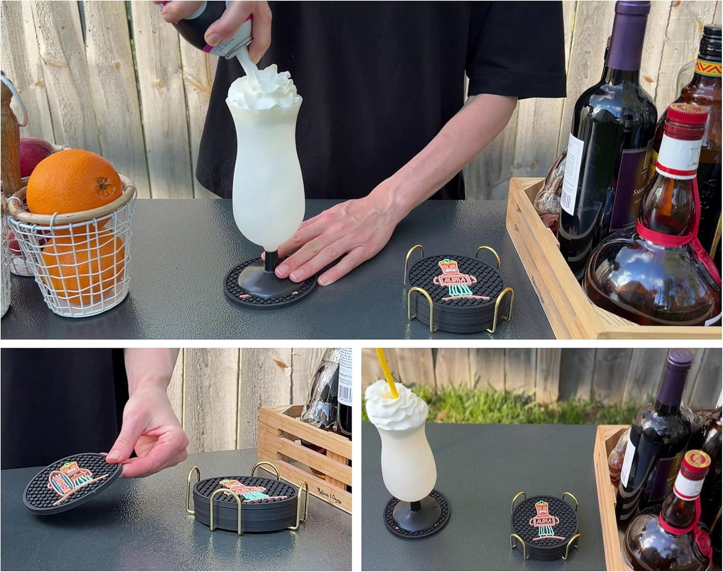 Tiki Bar Warriors Coasters Set of 6 with Holder, Bar Decor Silicone Coasters with Welcome, Aloha and Warrior, Luau and Hawaiian Decor Black Coaster, Outdoor Tiki Rubber Decorations