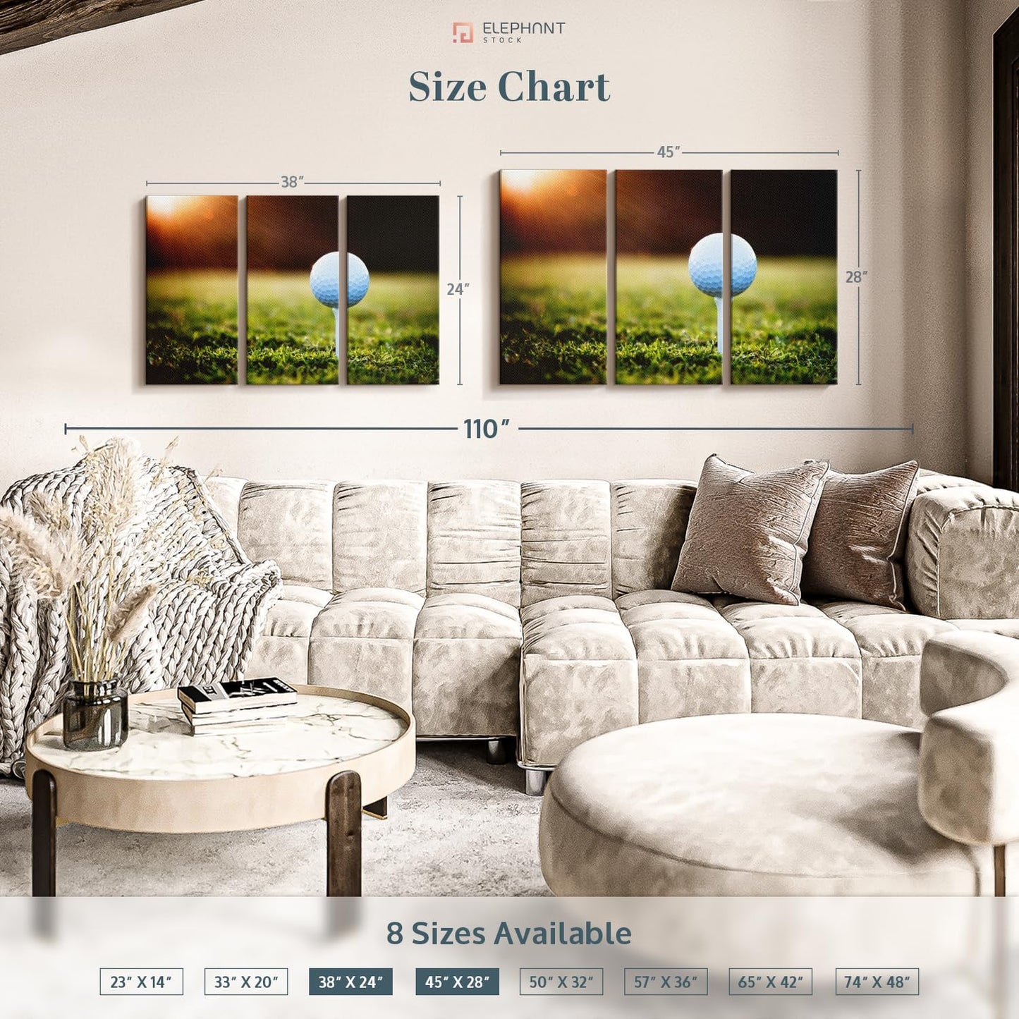 ElephantStock Golf Ball Tee Wall Art - Horizontal Canvas - 3-Piece Living Room Wall Decor - Photography Photographic Canvas Print - Black and White Decor for Wall - 38" X 24"