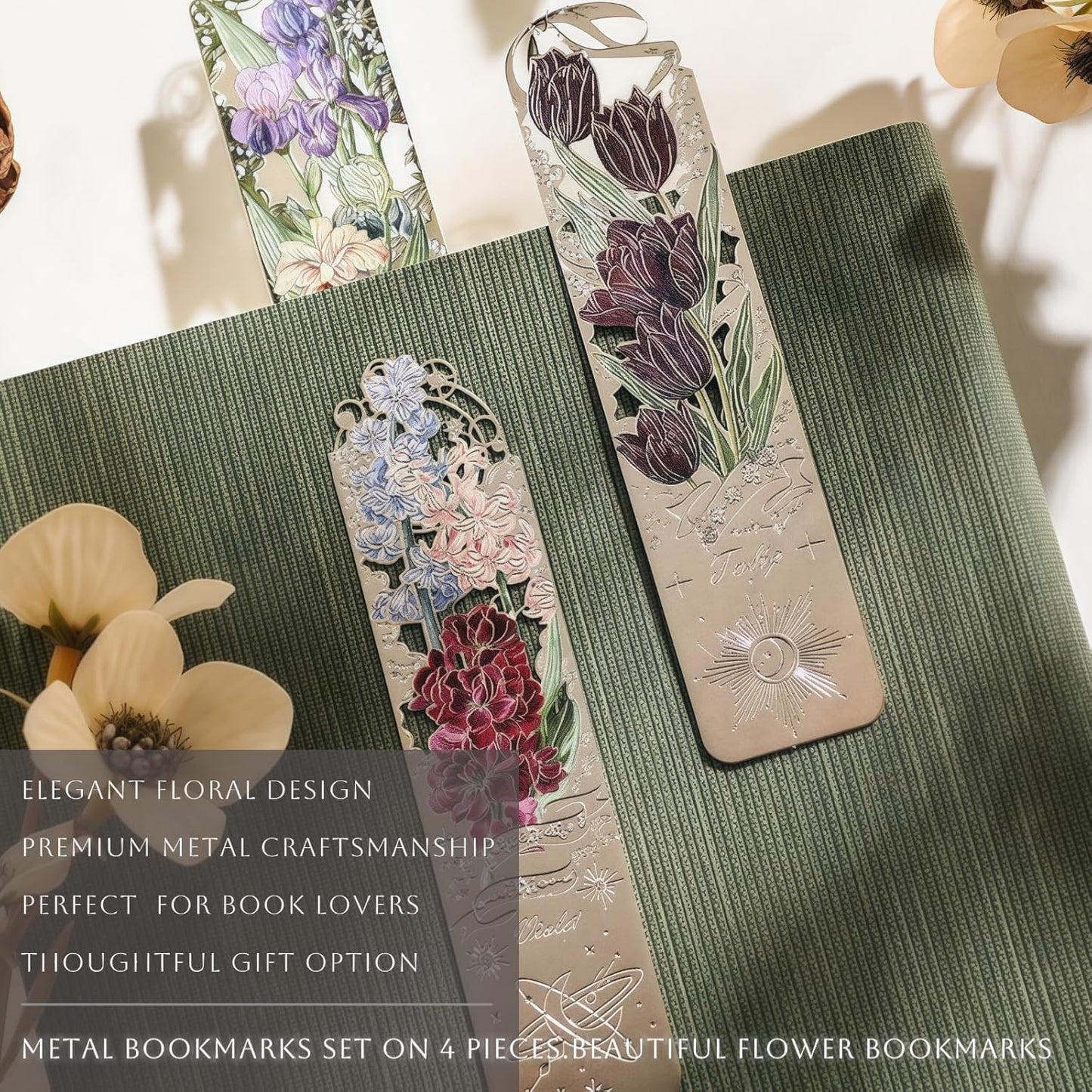 Metal Bookmarks Set on 4 Pieces. Pretty & Beautiful Flower Bookmarks for Women, Female, Mother - Tulip, Violet, Lily, Oriole, Gift Packing