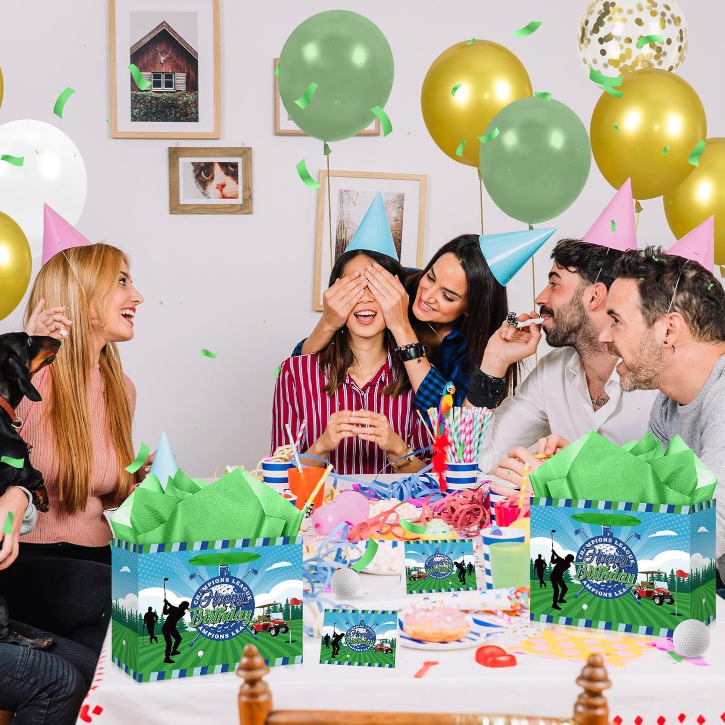 Innovoscape Golf Party Gift Bag Happy Birthday Wrapping Bag with Greeting Card and Tissue Green Birthday Paper Bag for Boys Girls Golf Party Decorations Baby Shower Bday Golf Theme Party Supplies