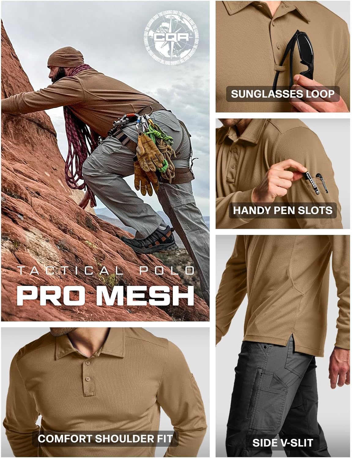 CQR Men's Polo Shirt, Long Sleeve Tactical Shirts, Outdoor UPF 50+ Pique Shirt, Dry Fit Lightweight Golf Shirts