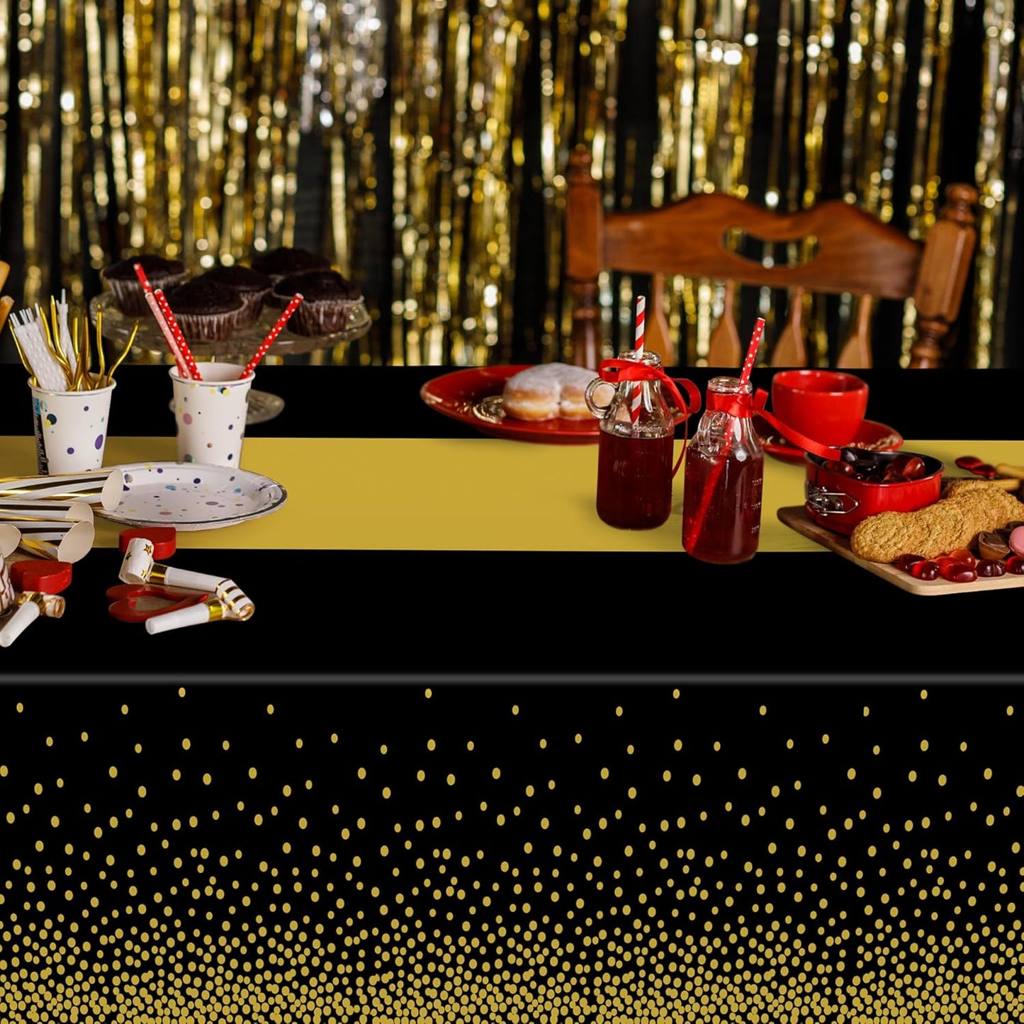 4Pack Black and Gold Tablecloths for Events, 54" x 108" Plastic Table Cloth Disposable for Rectangle Tables, Waterproof Table Cloth Cover for New Years Eve Decorations Holiday Birthday Wedding Dining