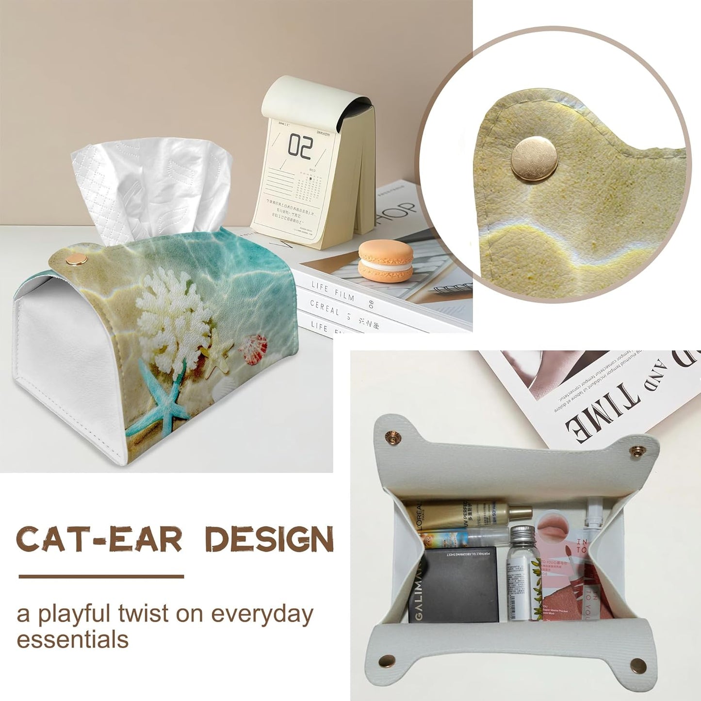 Summer Beach Starfish Seashell Tissue Box Cover Holder – Rectangular Tissue Organizer, Decorative Napkin Box Case for Home, Office & Car