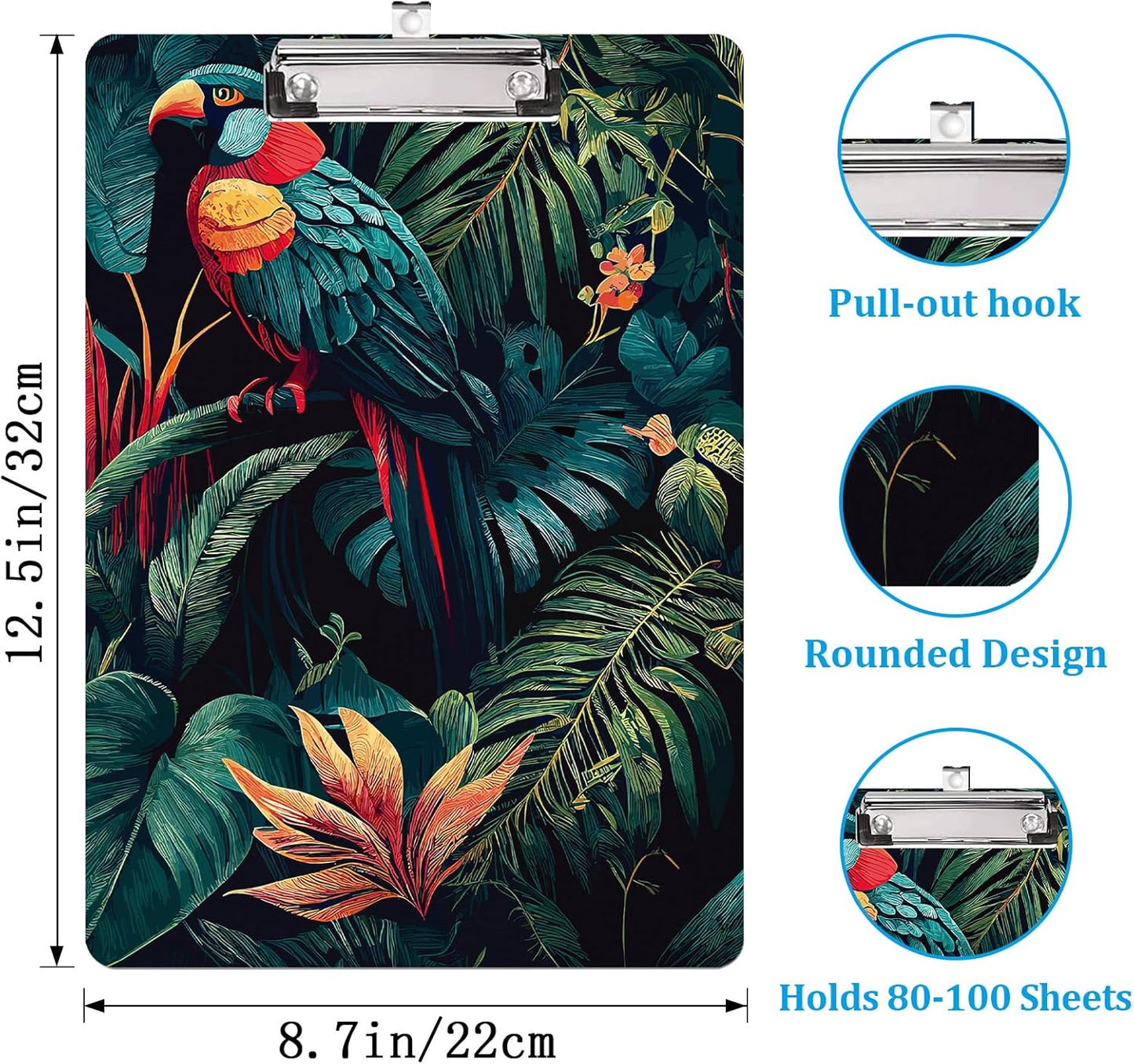 Macaws and Flowers Plastic Clipboards with Low Profile Clip 12.5 x 8.7 Inch Multi Color Plastic Clipboards - Clear Clipboards Bulk Classroom Holds 100 Sheets