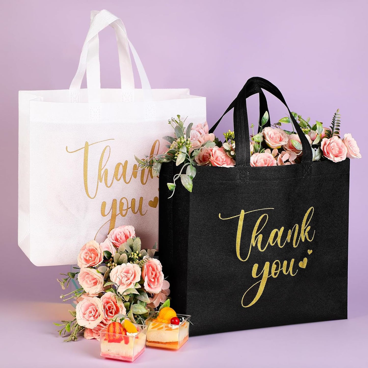 Sweetude 30 Pcs Thank You Gift Bags with Handles Bulk Reusable Goodie Bag Non Woven Foldable Handbag for Graduation Wedding Bridesmaid Gifts(11 x 12 x 5 Inch,Black, White)