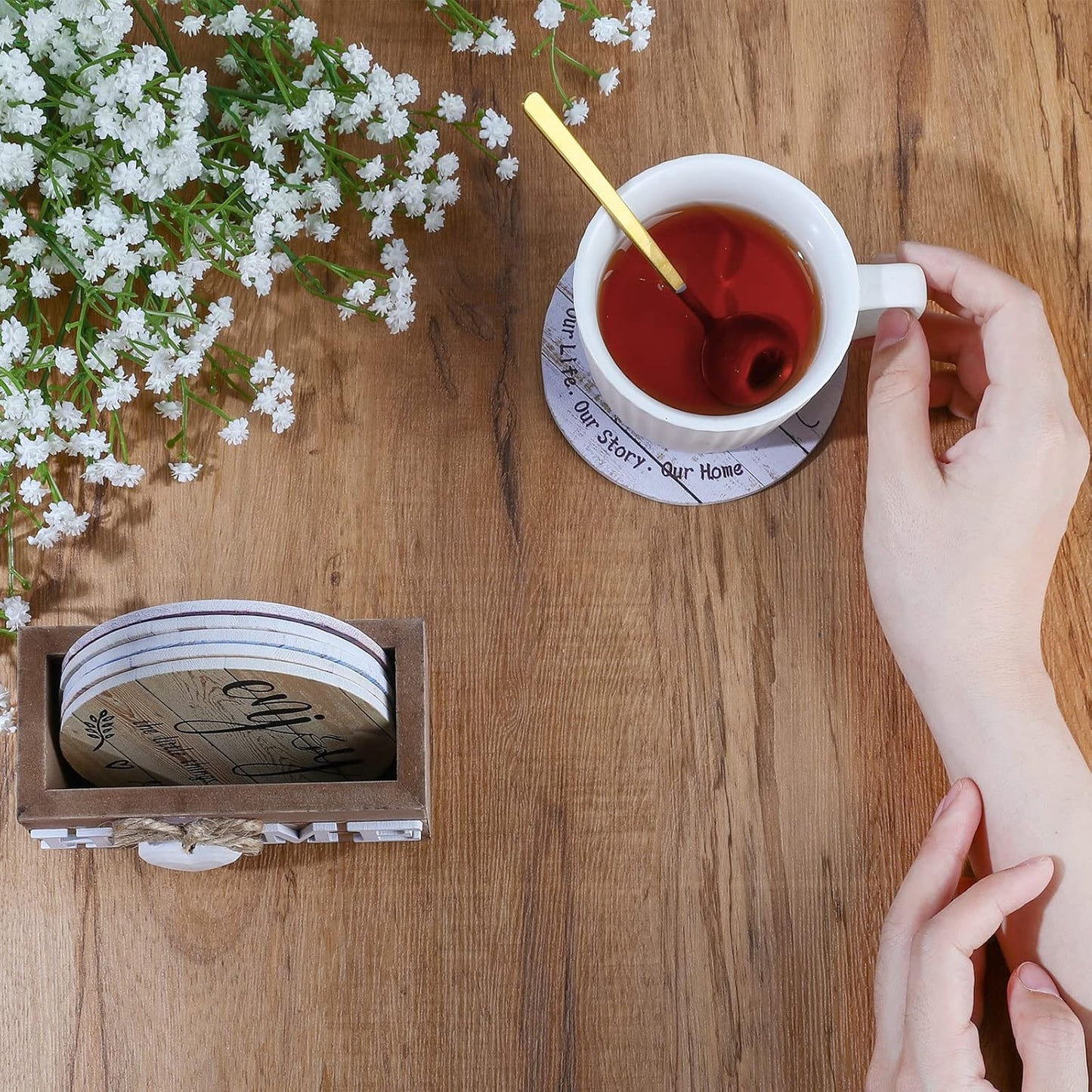 Queekay Housewarming Gifts for Home Decoration Wooden Heart Coasters for Drinks 6 Set Farmhouse Coasters with Holder Funny for Family Coffee Table Protection, 4''(Farmhouse Color)