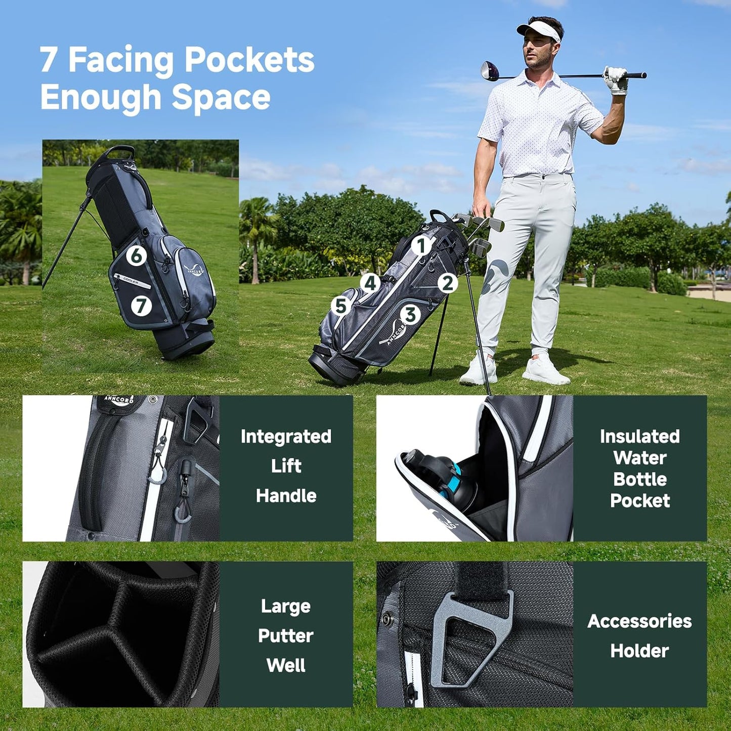 Golf Stand Bag with 4 Way Full Length Dividers, 4.4 Lbs Lightweight Golf Bag for Men Women, Waterproof Golf Carry Bags w/Stand, 7 Pockets & Cooler Pouch, Dual Straps, Rain Hood