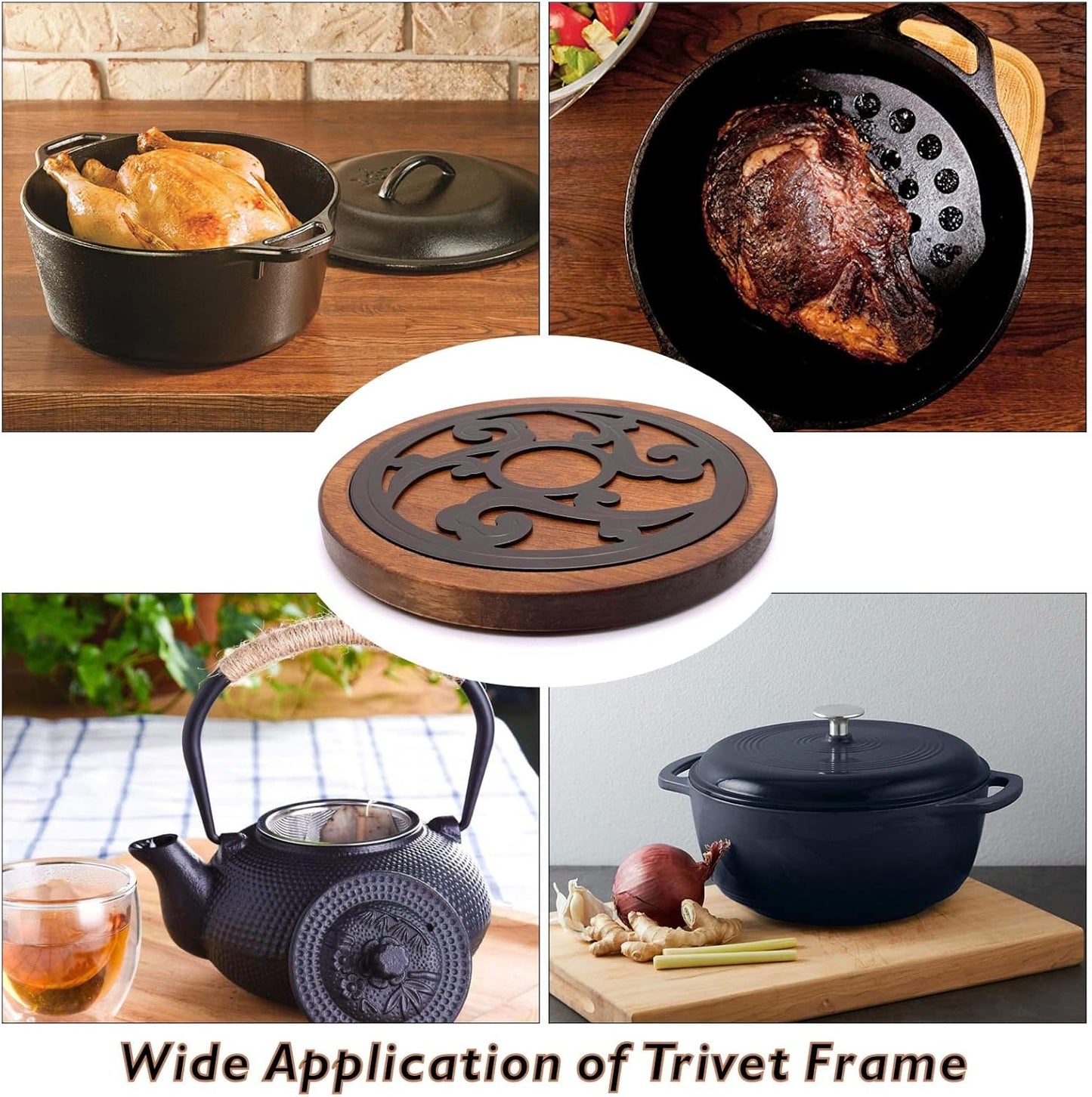 Cast Iron with Wood Trivet, Metal Trivets for Hot Dishes, Decorative 8-inch Round Kitchen Hot Pad, with Vintage Pattern for Serving Pot, Plates & Teapot on Kitchen Countertop or Dinning Table(Black)