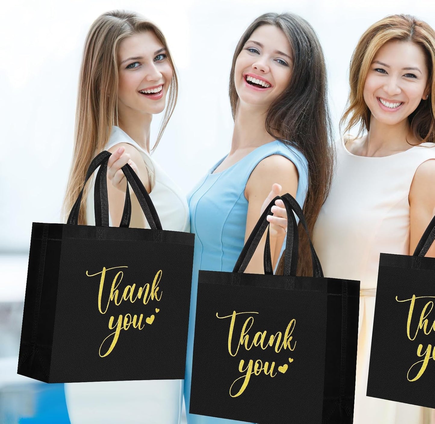 Sweetude 30 Pcs Thank You Gift Bags with Handles Bulk Reusable Goodie Bag Non Woven Foldable Handbag for Graduation Wedding Bridesmaid Gifts(11 x 12 x 5 Inch,Black)