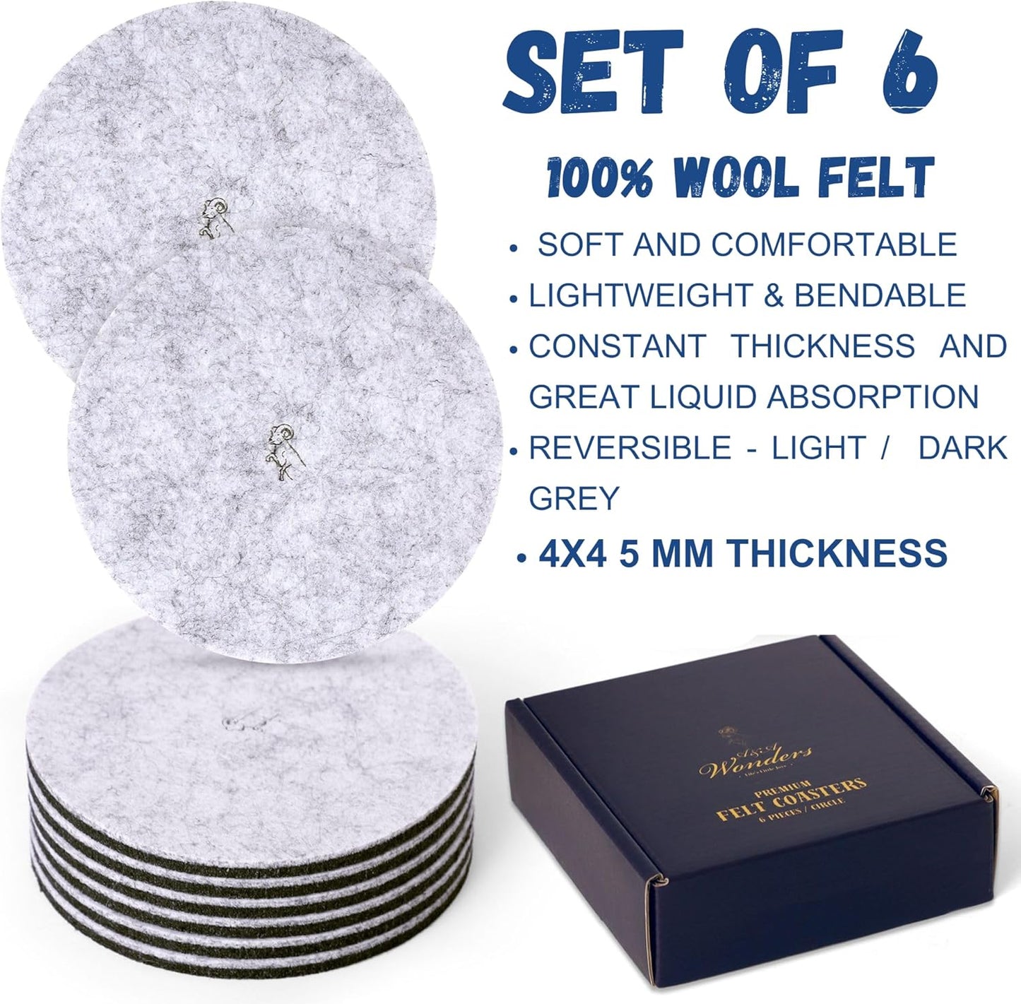A&A Wonders Premium Felt Coasters for Drink, Two-Tone Reversible, Absorbent Felt Protects Furniture, Table, Anti Slip, Suitable for Drinks & All Table Types (Light Gray/Dark Gray, Circle 6 Pack)