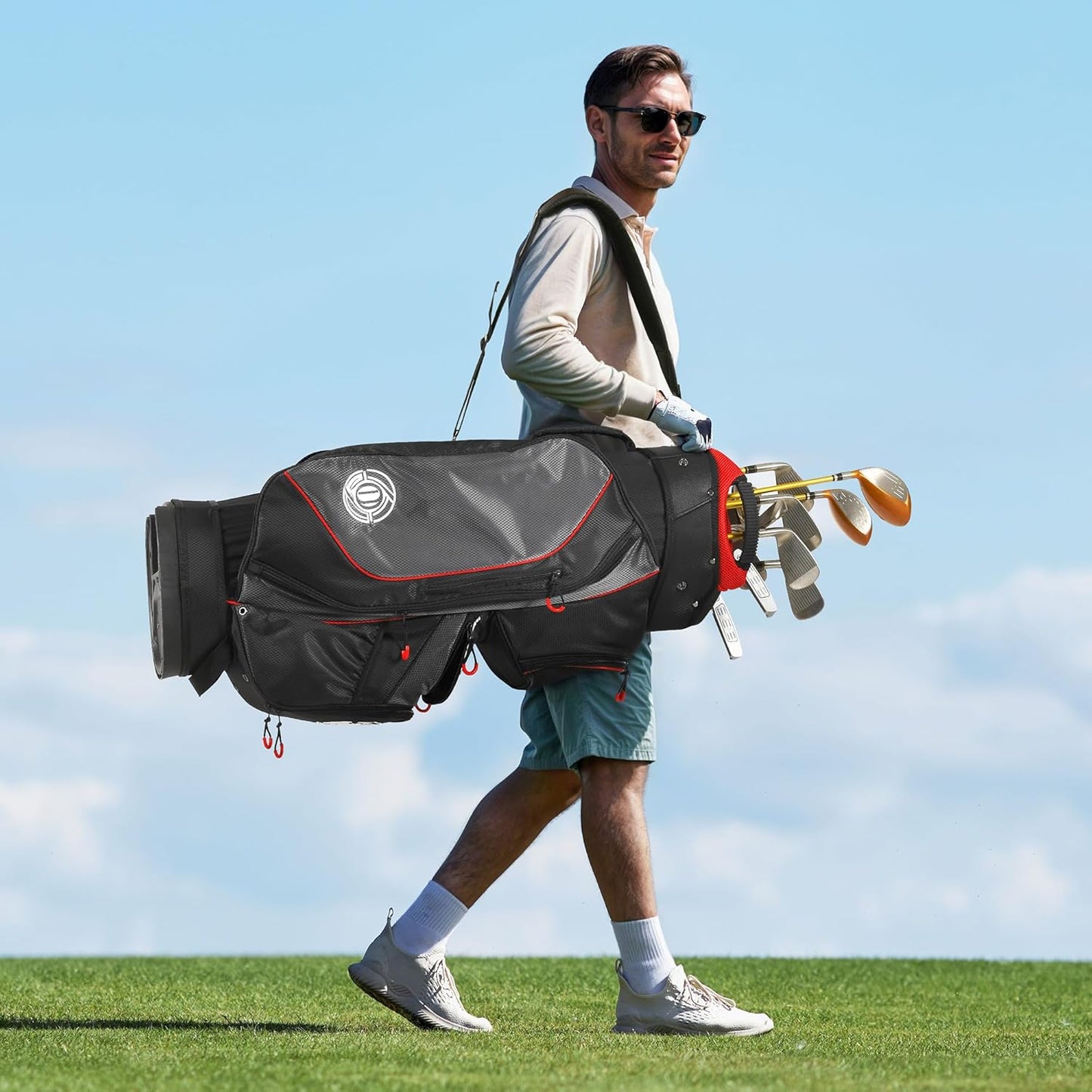 Golf Cart Bag, 15 Way Top Lightweight Golf Bag, Golf Club Cart Bags for Men Women with Full-Length Dividers, Dedicated Putter Well, Rain Cover Black and Red