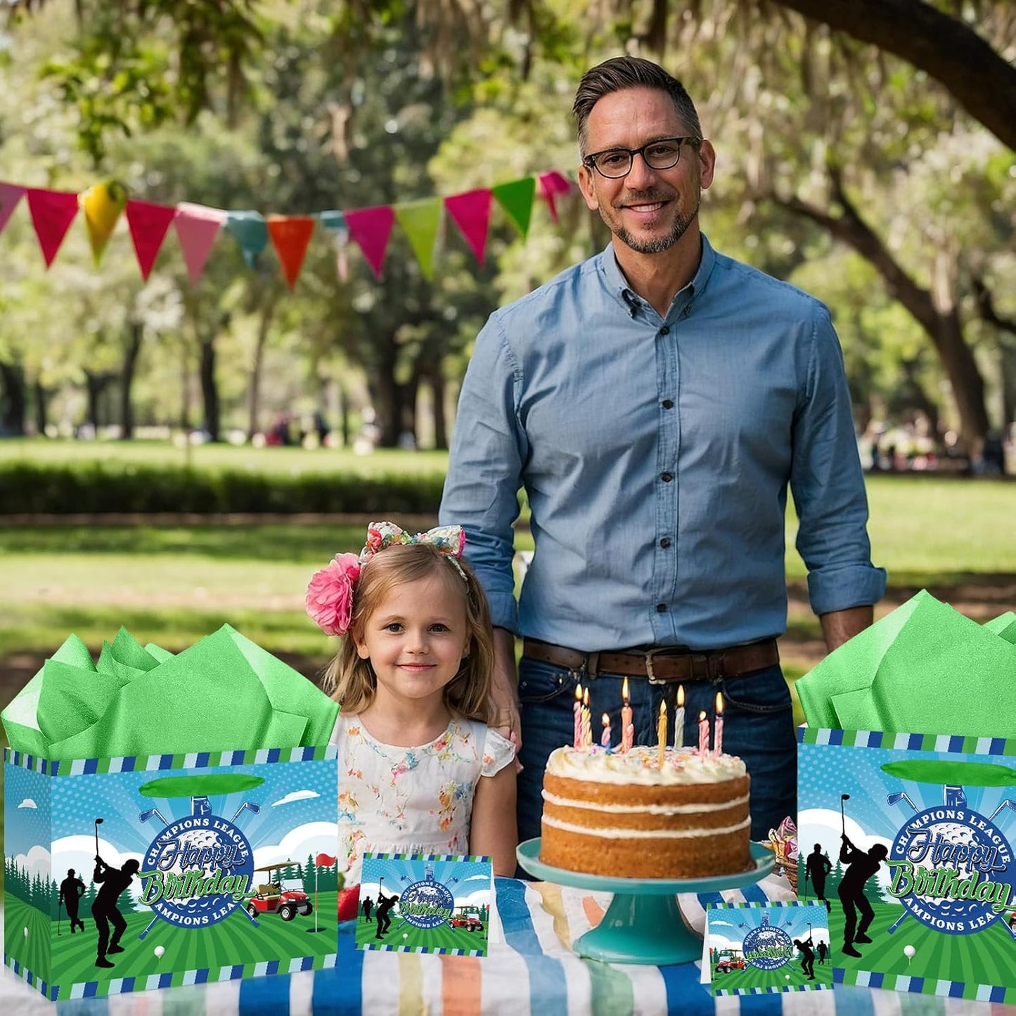 Innovoscape Golf Party Gift Bag Happy Birthday Wrapping Bag with Greeting Card and Tissue Green Birthday Paper Bag for Boys Girls Golf Party Decorations Baby Shower Bday Golf Theme Party Supplies