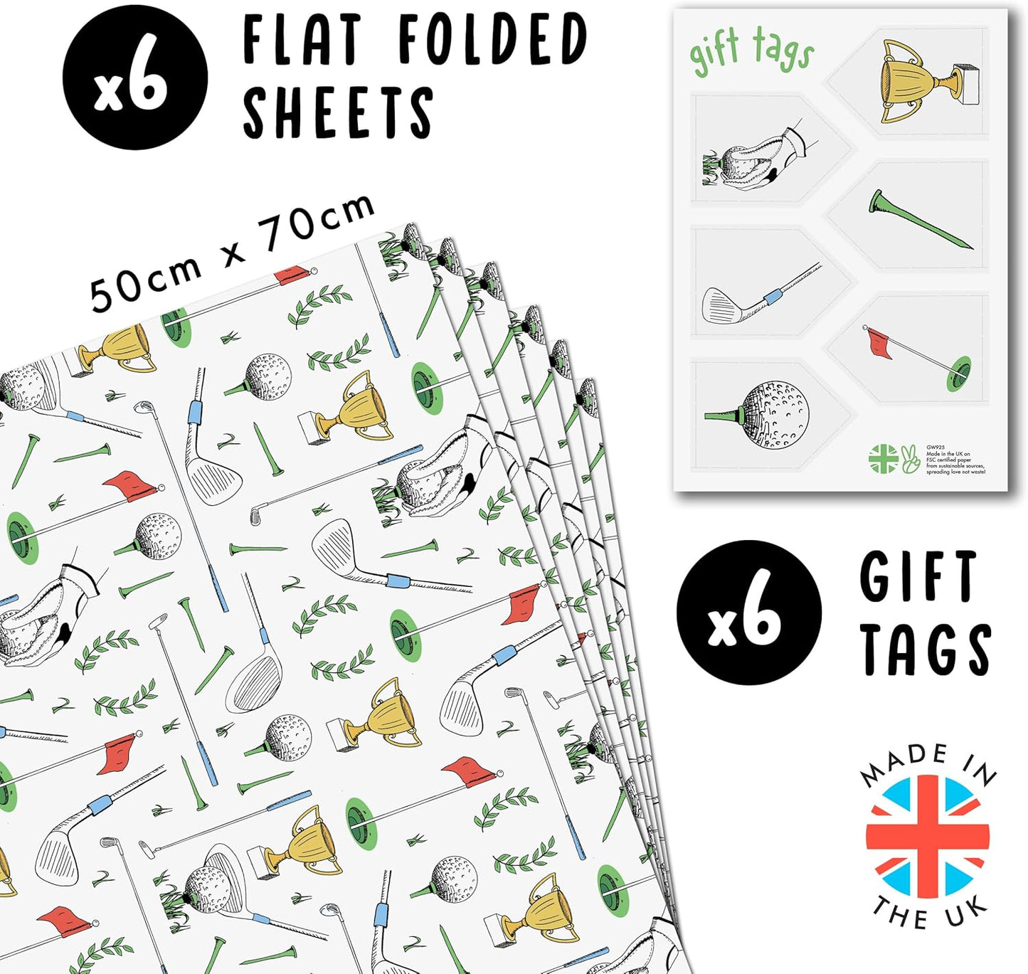CENTRAL 23 Golf Wrapping Paper - 6 Sheets White Wrapping Paper For Men Dad Grandpa Uncle - Golf Sports Club - Comes With Stickers - Recyclable - Christmas Wrapping Paper Sheets