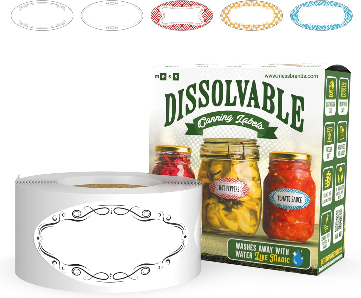MESS Dissolvable Canning Labels for Jars - 1x2.25 in., 150/Roll - Removable Mason Jar Stickers (Ovals) for Jam and Preserves