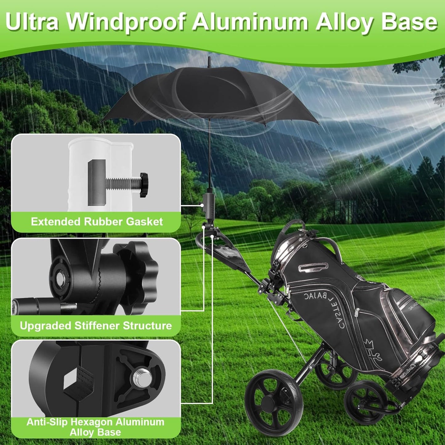 Heavy Duty Golf Push Cart Umbrella Holder, Aluminium Alloy Base Ultra Windproof, Universal Umbrella Attachment Stand for Stroller, Golf Cart, Mobility Scooter, Wheelchair, Bike, Beach Chair