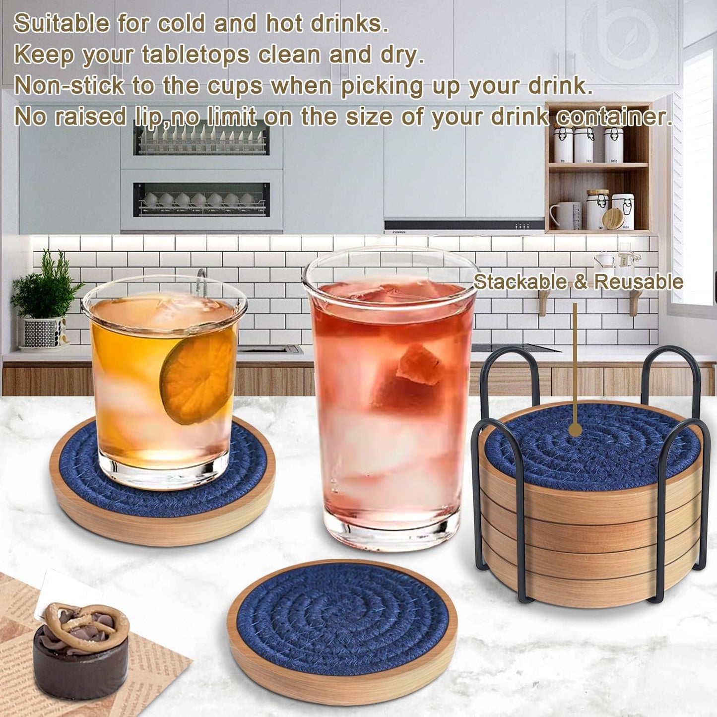 6 Pack Coasters for Drinks Absorbent, Wooden Coasters for Coffee Tables, Cup Mat for Kitchen, Farmhouse, Bar, and Office 4.3 inches (Dark Blue)