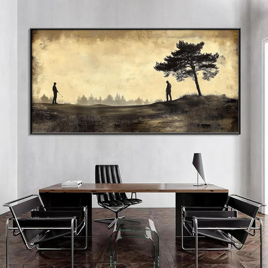Vintage Golfers Landscape Wall Art, Golf Canvas Print, Golfers Picture Artwork for Wall, Rustic Wall Art, Horizontal Wall Decor, Vintage Sports Poster, Gift for Dad, Man Cave Decor (Black Framed, 39"x19"|100x50cm)