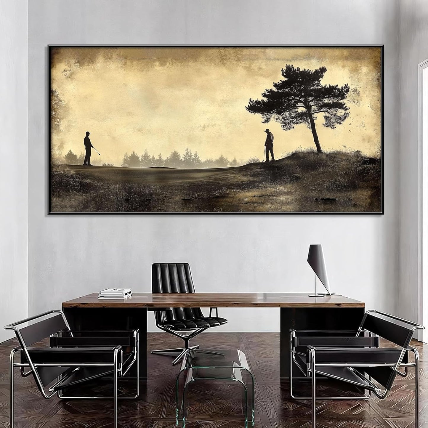 Vintage Golfers Landscape Wall Art, Golf Canvas Print, Golfers Picture Artwork for Wall, Rustic Wall Art, Horizontal Wall Decor, Vintage Sports Poster, Gift for Dad, Man Cave Decor (Black Framed, 47"x23"|120x60cm)