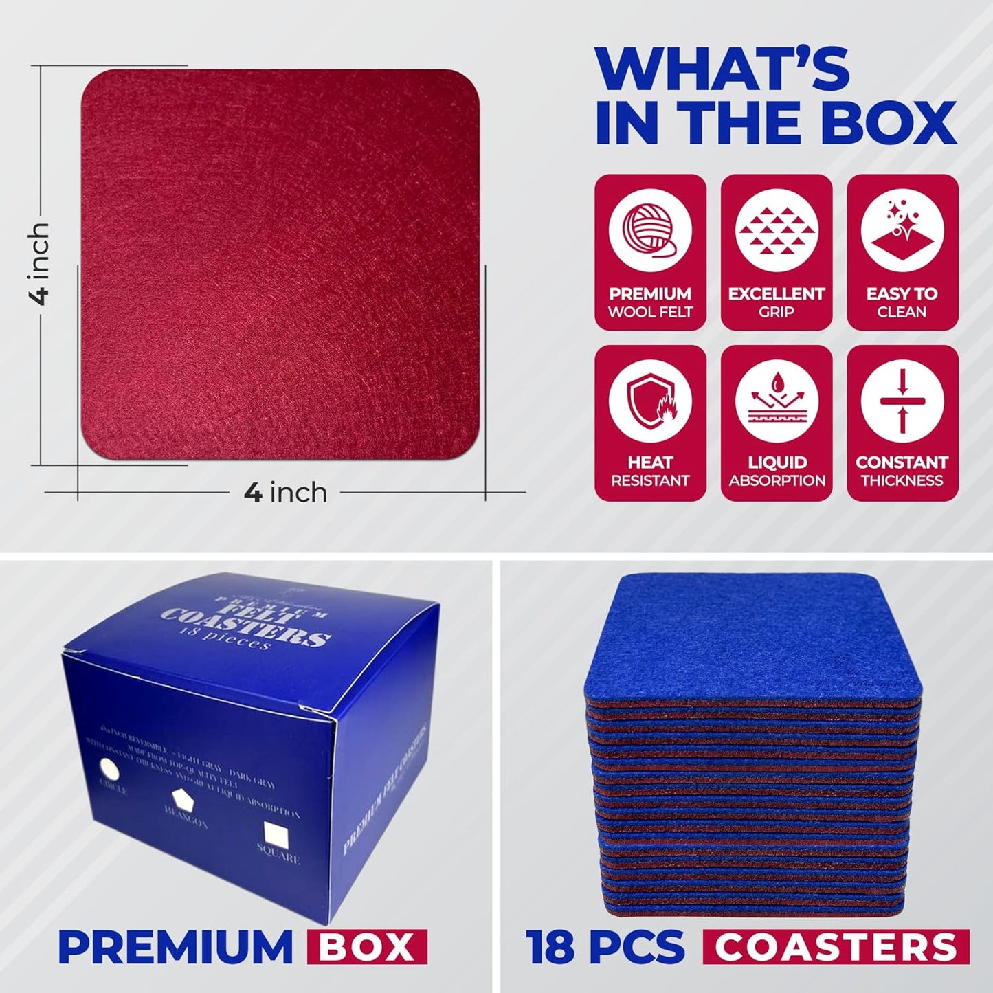 A&A Wonders Premium Felt Coasters for Drink, Two-Tone Reversible, Absorbent Felt Protects Furniture, Table, Anti Slip, Suitable for Drinks & All Table Types (Wine Red/Royal Blue, Square 18 Pack)