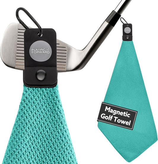 Magnetic Golf Towels for Golf Bags with Clip & Ultra Strong Magnet - Waffle Weave Microfiber Towel for Secure Hold on Bags & Carts - Ideal Club Cleaner & Accessories - Aqua