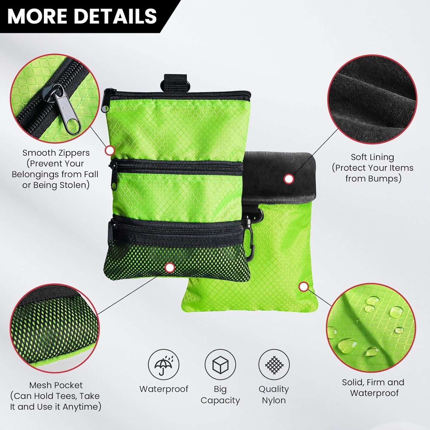 FINGER TEN Golf Pouch Bag for Valuables Tee Color with 4 Golf Pencil Pack, Zippered Pocket Gear Clip Hook to Bag