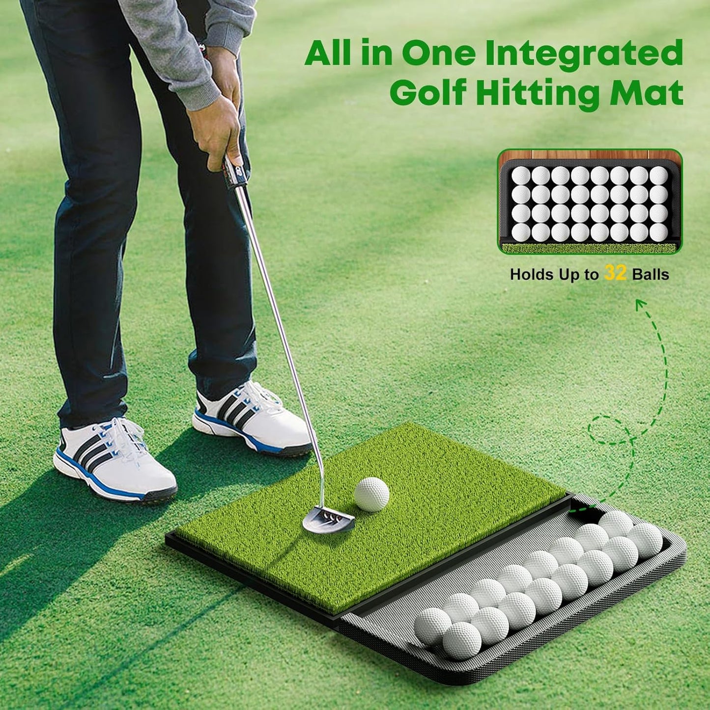 Integrated Golf Mat with Ball Tray, Small Thickening Golf Mats Practice Outdoor & Indoor, Artificial Grass with Anti-Slip Rubber Bottom Mat for Driving, Chipping Swing