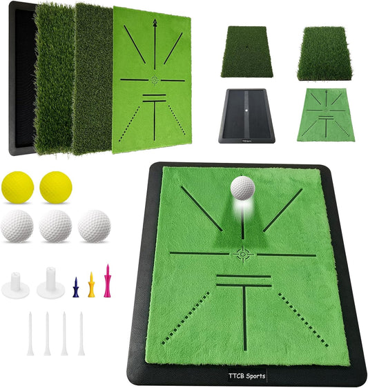 Golf Hitting Mats, Golf Mats Practice Outdoor Indoor, Tri Turf Chipping Mat Training Equipment – 3 Replaceable Pad with Instant Swing Path Feedback for Backyard/Driving Range - 13" x 17"