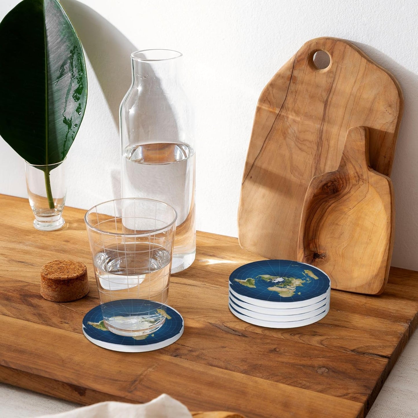Flat Earth Map Model Coasters for Drinks Set of 4, Absorbent Ceramic Drink Coasters for Coffee Table Wooden Table Cup Bar, 4 Inches