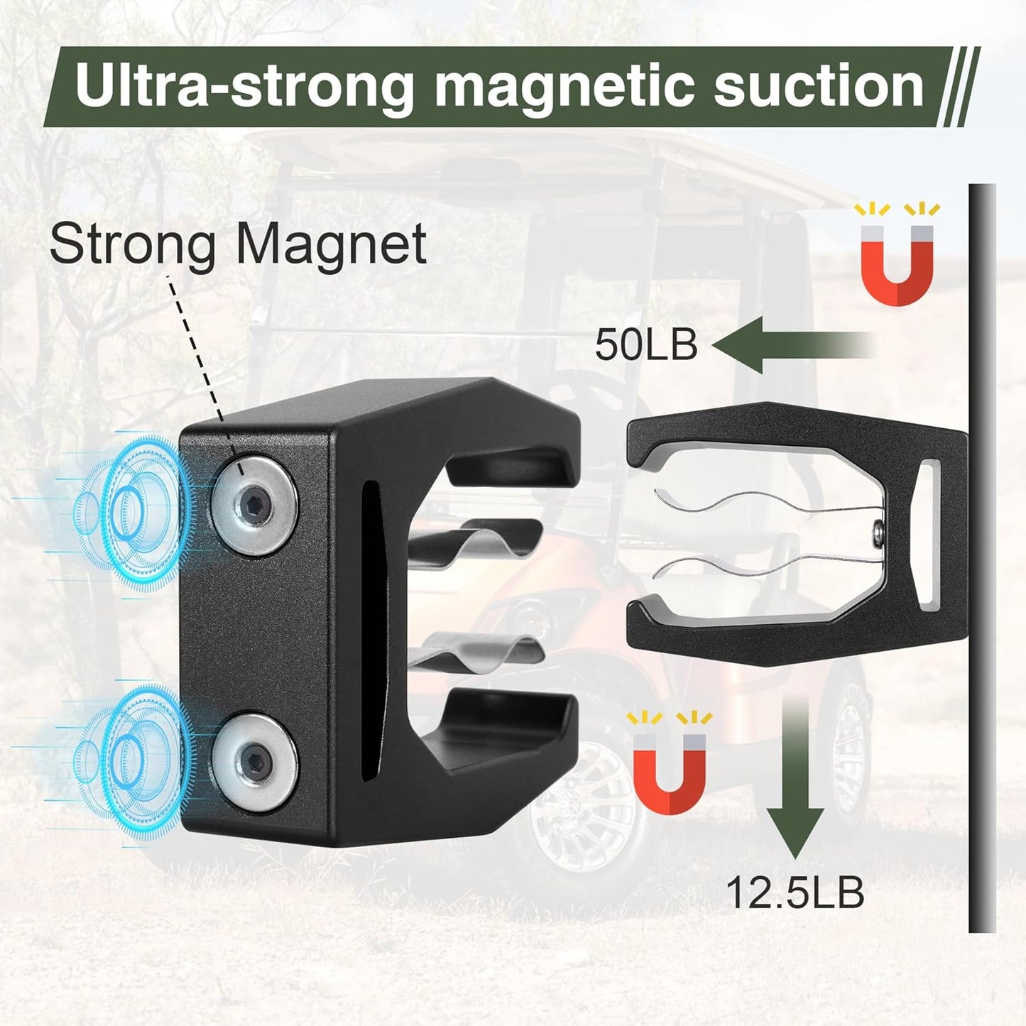 JIAYAN Magnetic Holder for Golf Cart Aluminum Alloy & Stainless Steel Clip Equip with Loop Strap Fit for Golfing, Fishing, Grilling, Camping Golf Accessory for Golf Lovers(Black)